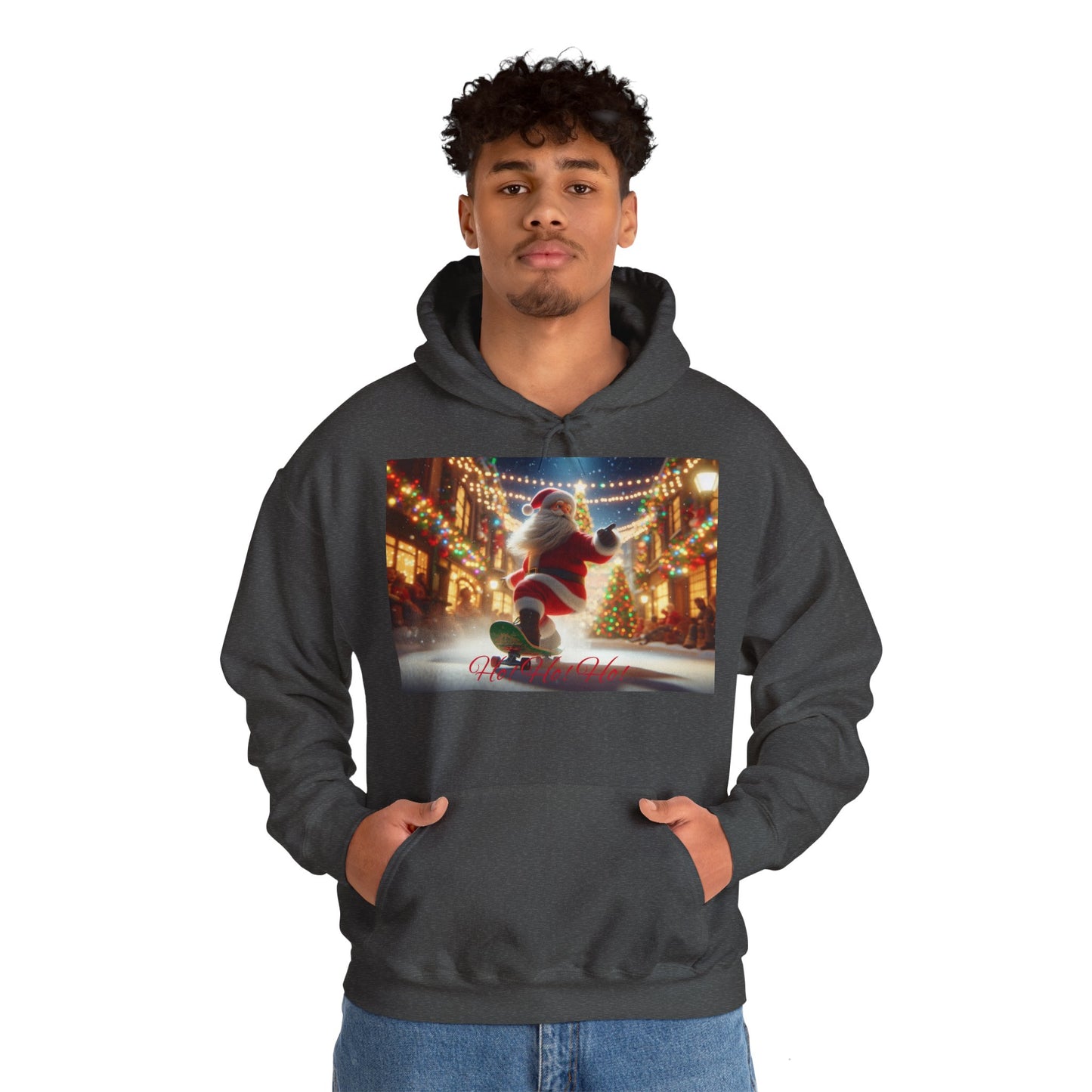 Men's Hooded Sweatshirt - Ho! Ho! Ho! | Santa on Skateboard Design 02