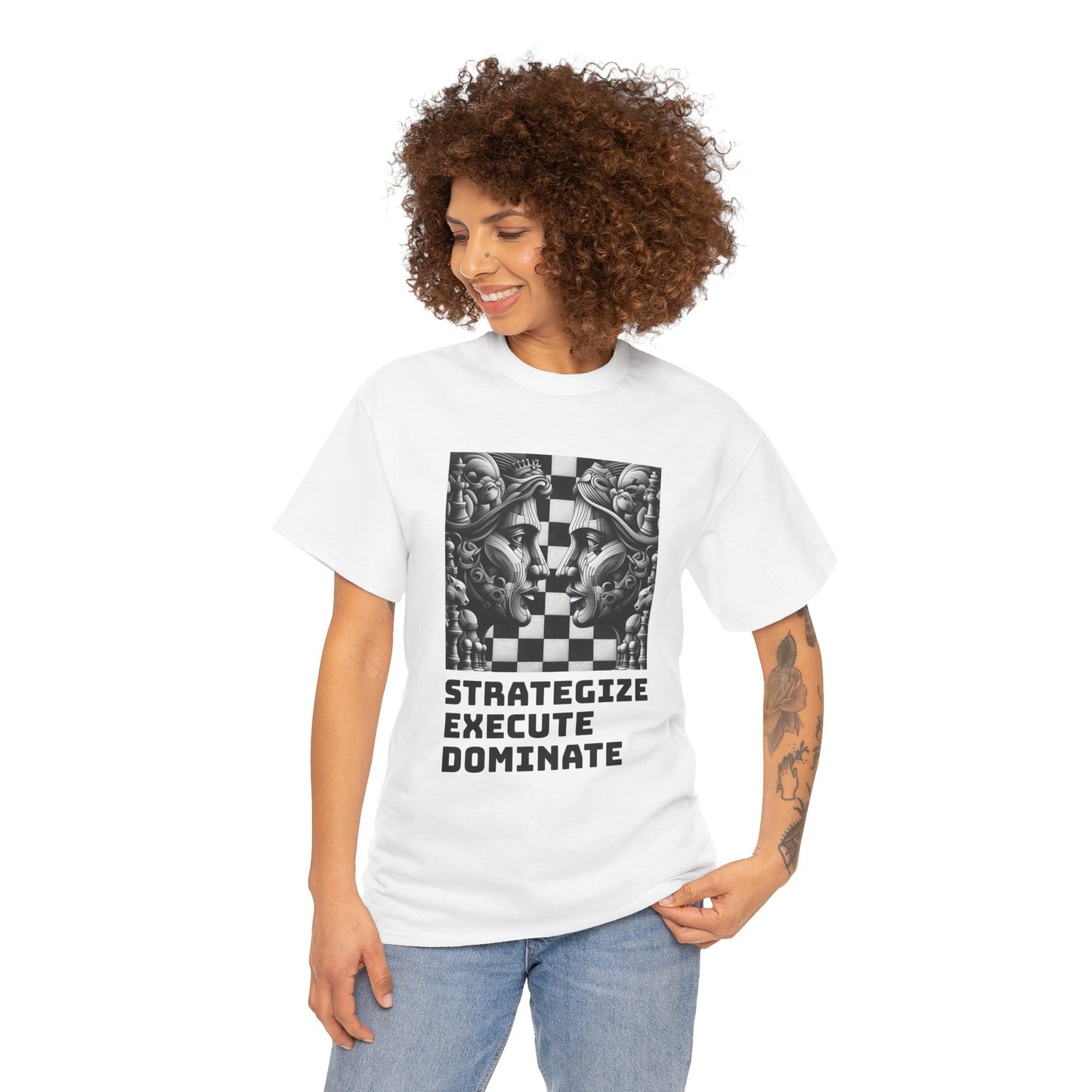 Women's T-Shirt | Strategize. Execute. Dominate. T-shirt | Bold | Chess themed | Women's Heavy Cotton Tee