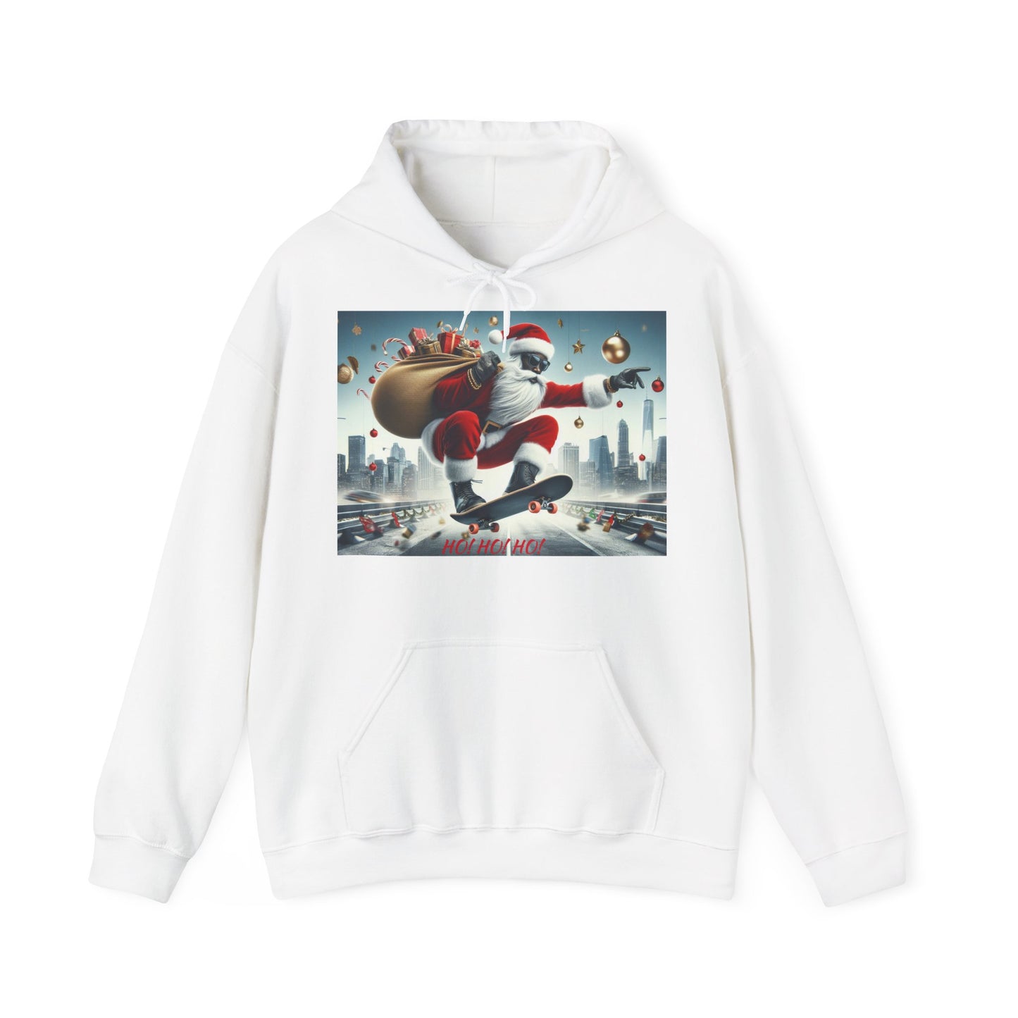 Men's Hooded Sweatshirt - Ho! Ho! Ho! | Santa on Skateboard Design 01