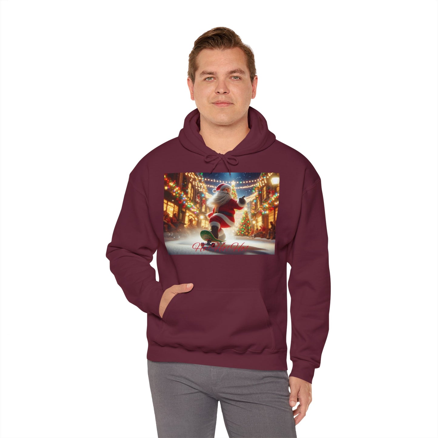 Men's Hooded Sweatshirt - Ho! Ho! Ho! | Santa on Skateboard Design 02