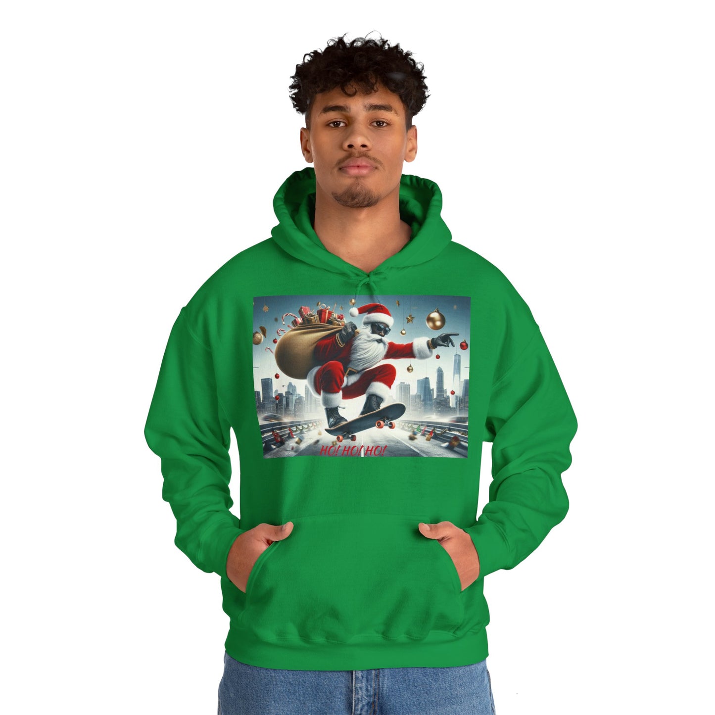 Men's Hooded Sweatshirt - Ho! Ho! Ho! | Santa on Skateboard Design 01