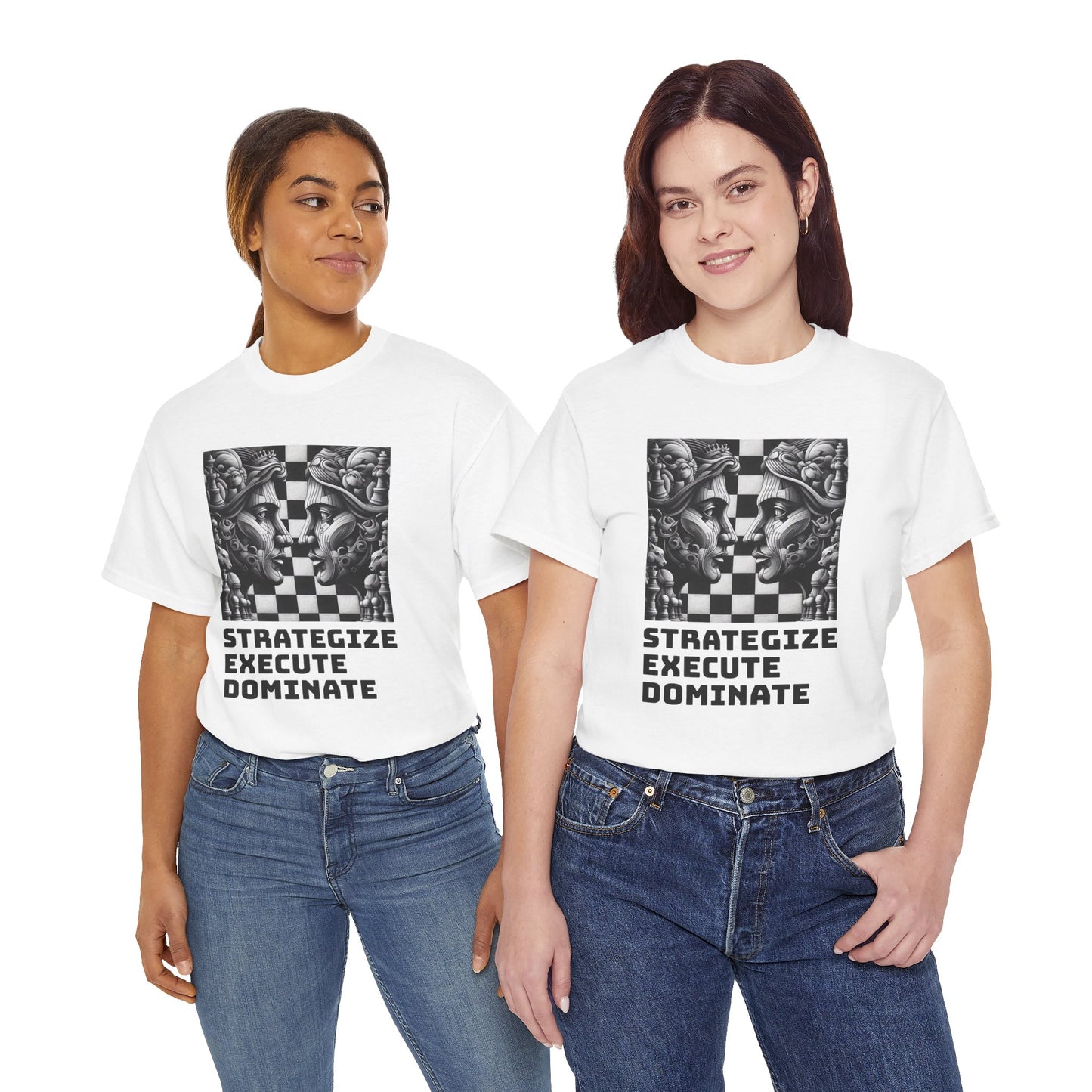 Women's T-Shirt | Strategize. Execute. Dominate. T-shirt | Bold | Chess themed | Women's Heavy Cotton Tee