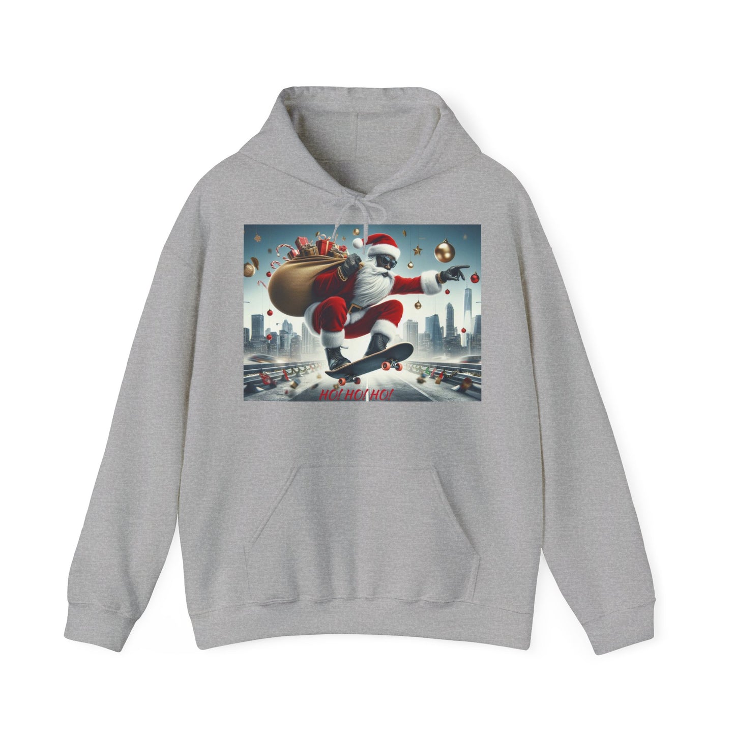 Men's Hooded Sweatshirt - Ho! Ho! Ho! | Santa on Skateboard Design 01