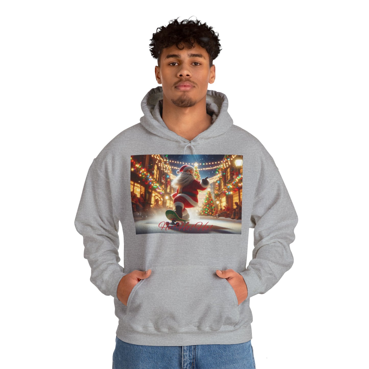 Men's Hooded Sweatshirt - Ho! Ho! Ho! | Santa on Skateboard Design 02