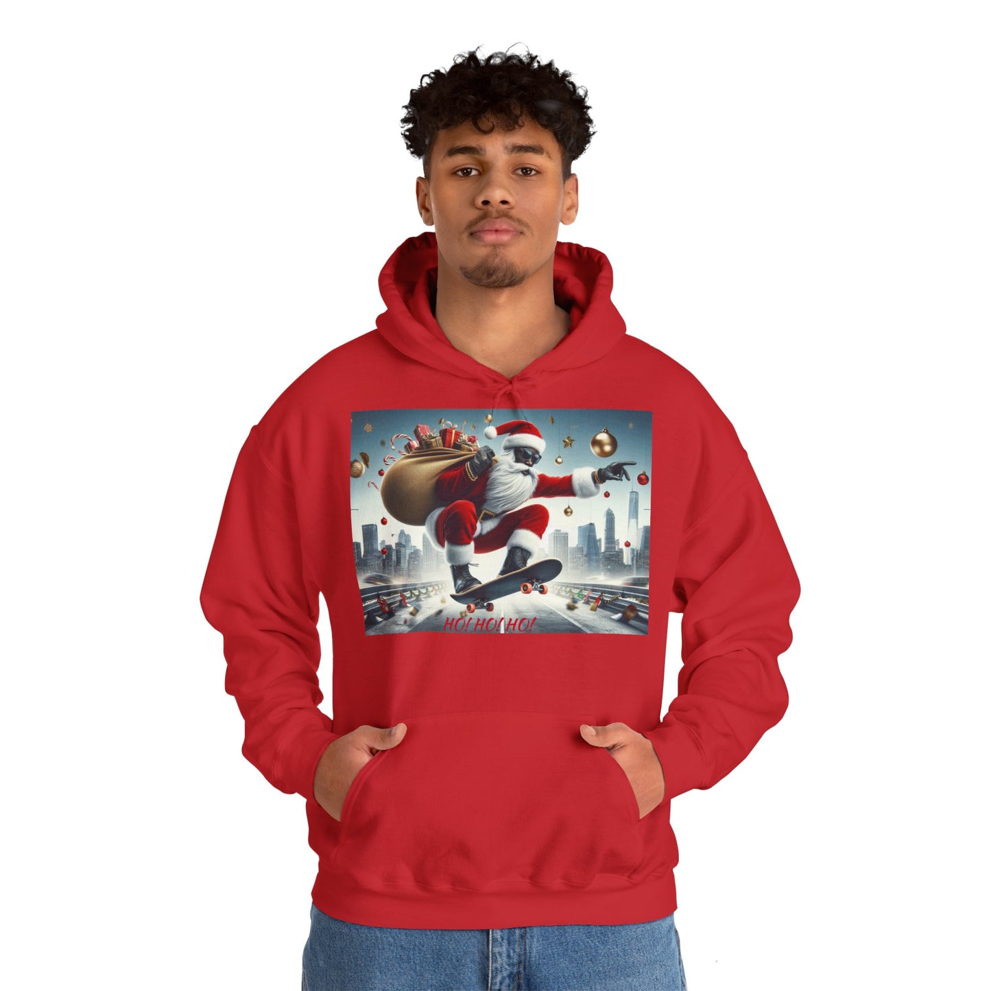 Men's Hooded Sweatshirt - Ho! Ho! Ho! | Santa on Skateboard Design 01