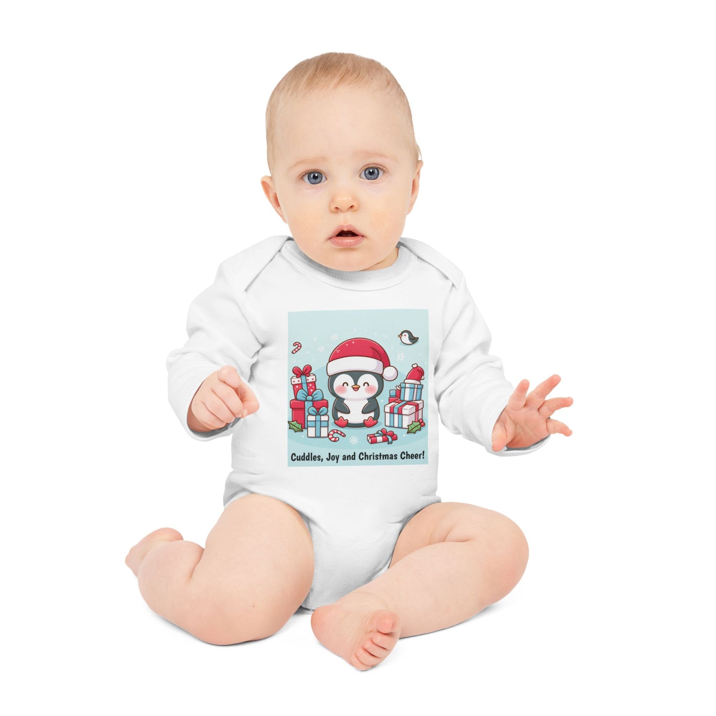 Baby Bodysuit with Baby Penguin and Christmas Presents - Cuddles, Joy, and Christmas Cheer - Organic Long-Sleeve