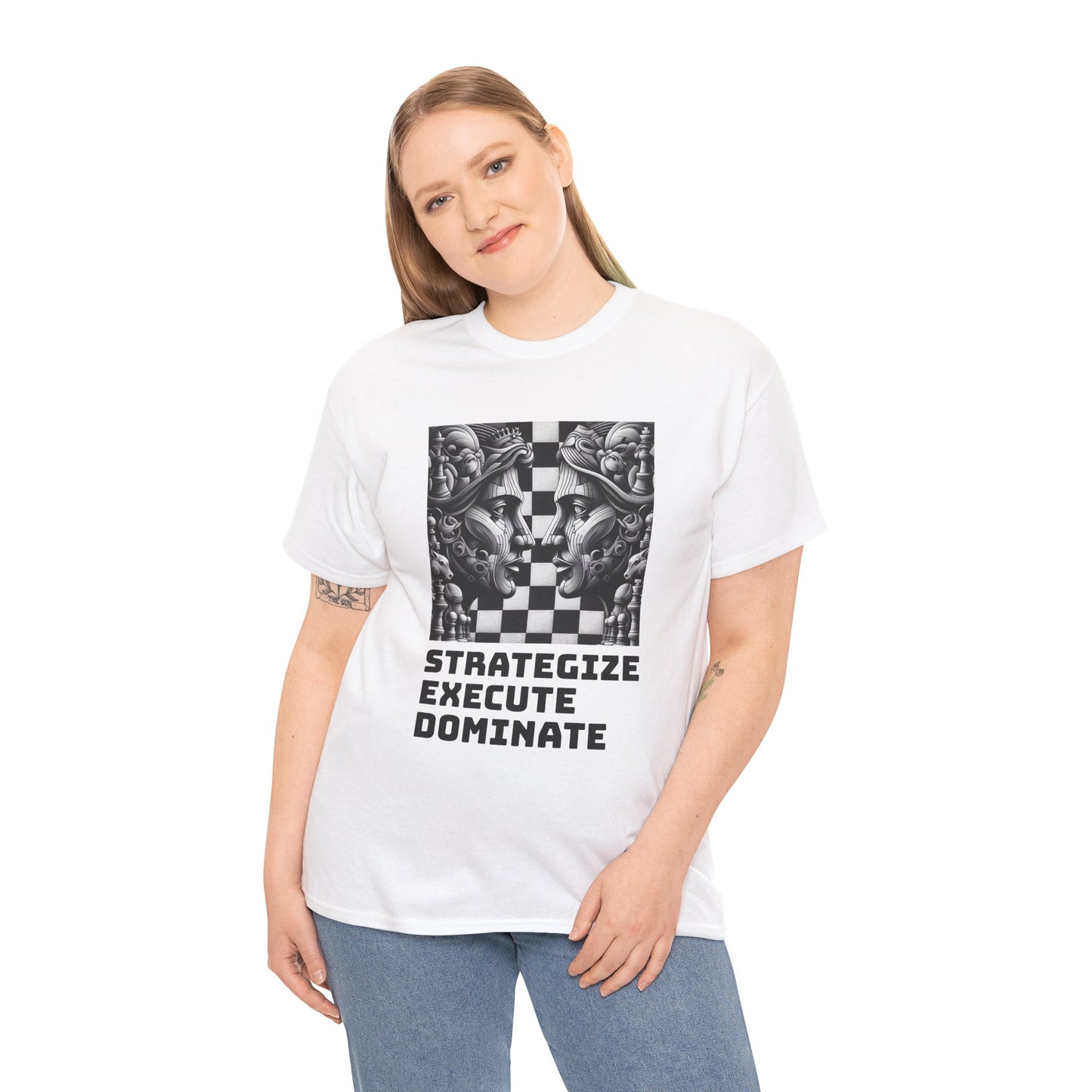 Women's T-Shirt | Strategize. Execute. Dominate. T-shirt | Bold | Chess themed | Women's Heavy Cotton Tee