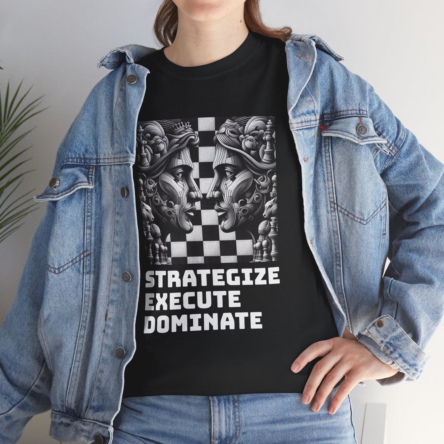 Women's T-Shirt | Strategize. Execute. Dominate. T-shirt | Bold | Chess themed | Women's Heavy Cotton Tee