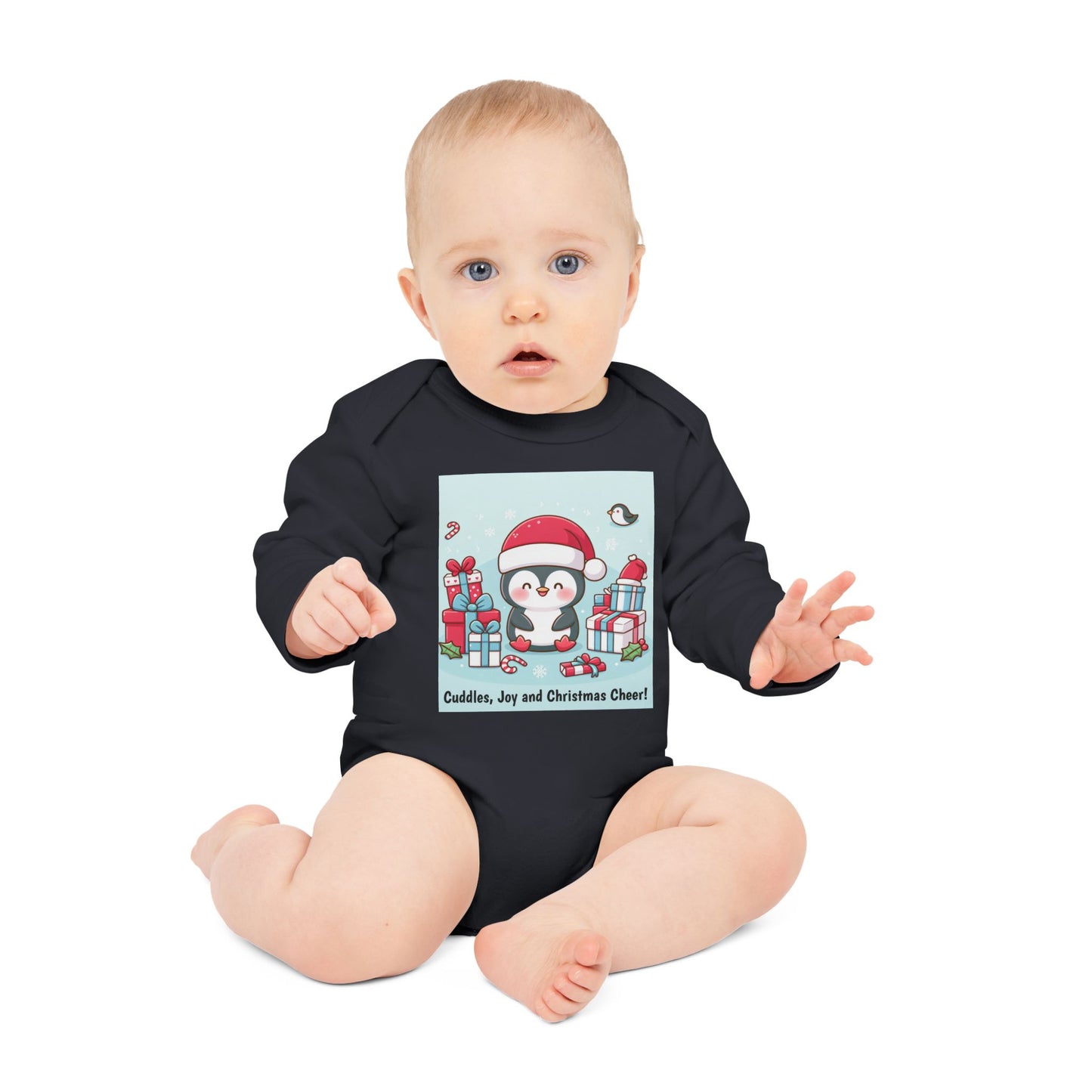 Baby Bodysuit with Baby Penguin and Christmas Presents - Cuddles, Joy, and Christmas Cheer - Organic Long-Sleeve