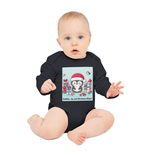 Baby Bodysuit with Baby Penguin and Christmas Presents - Cuddles, Joy, and Christmas Cheer - Organic Long-Sleeve