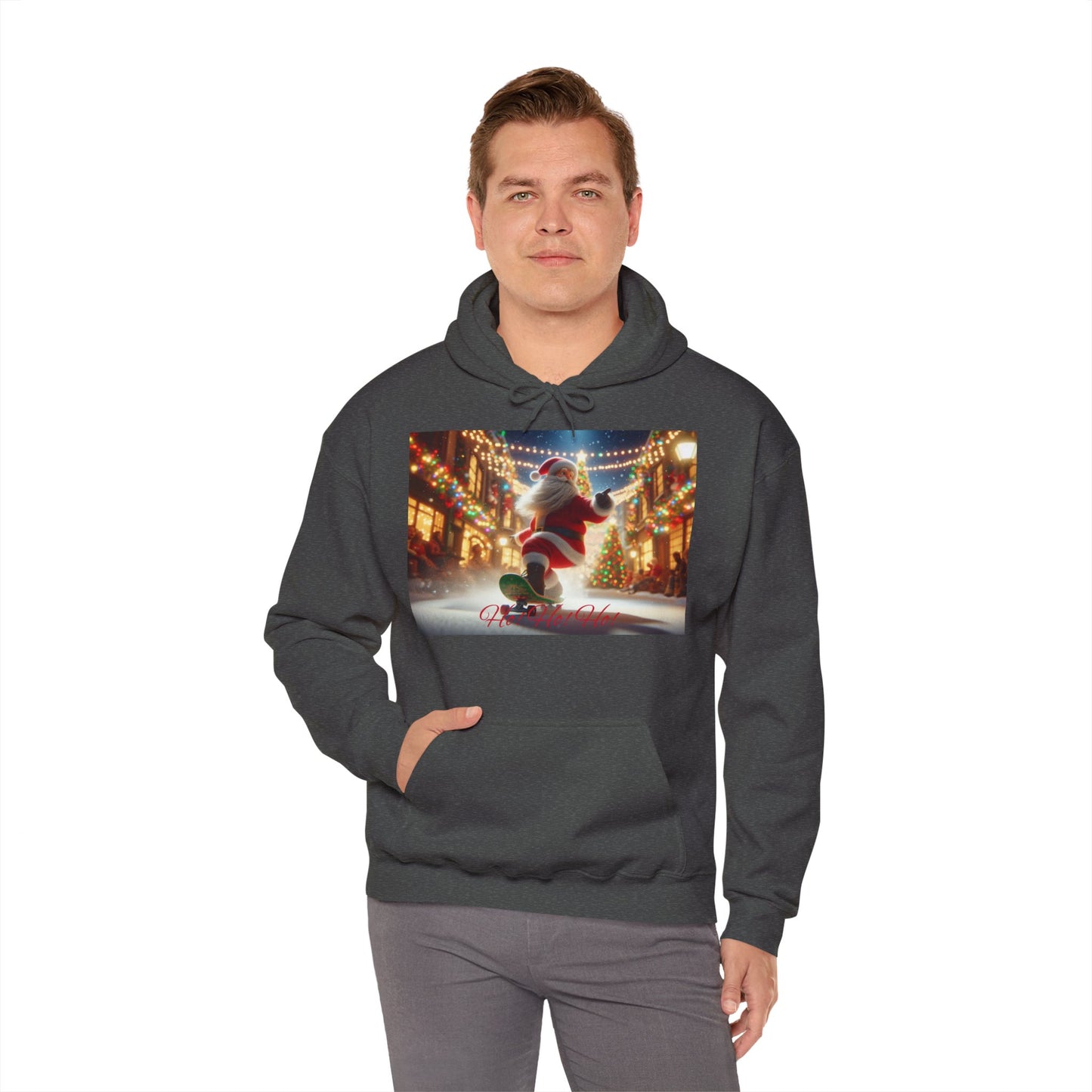 Men's Hooded Sweatshirt - Ho! Ho! Ho! | Santa on Skateboard Design 02