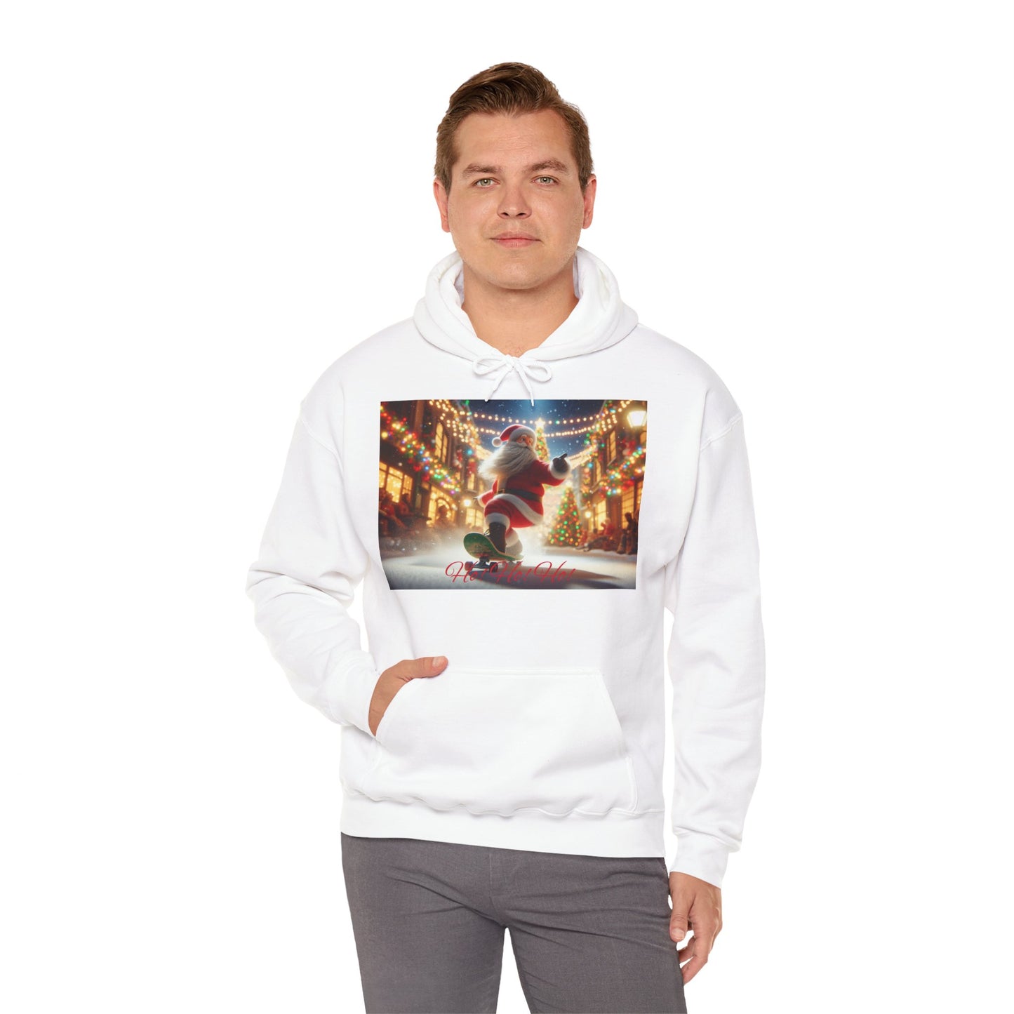 Men's Hooded Sweatshirt - Ho! Ho! Ho! | Santa on Skateboard Design 02