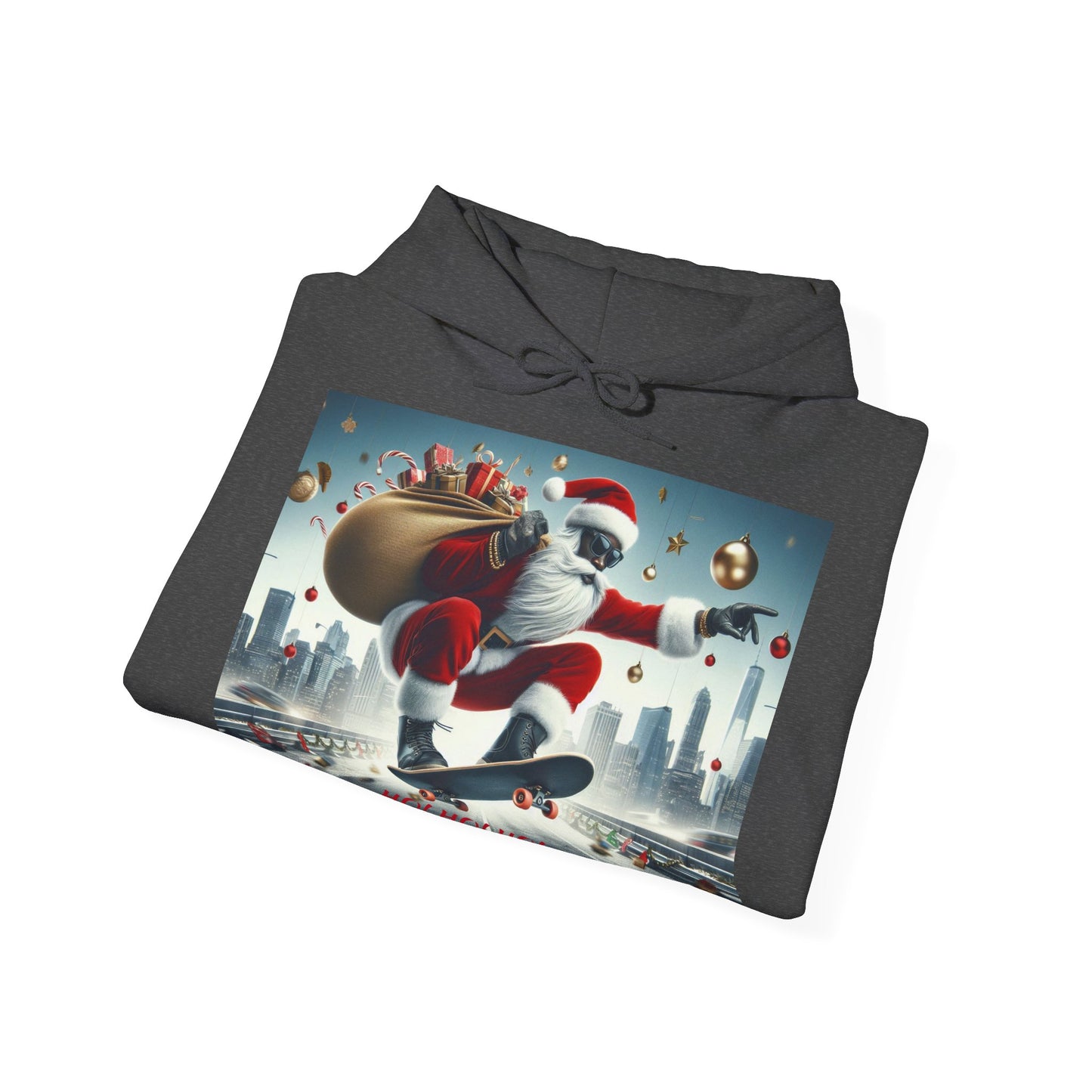 Men's Hooded Sweatshirt - Ho! Ho! Ho! | Santa on Skateboard Design 01