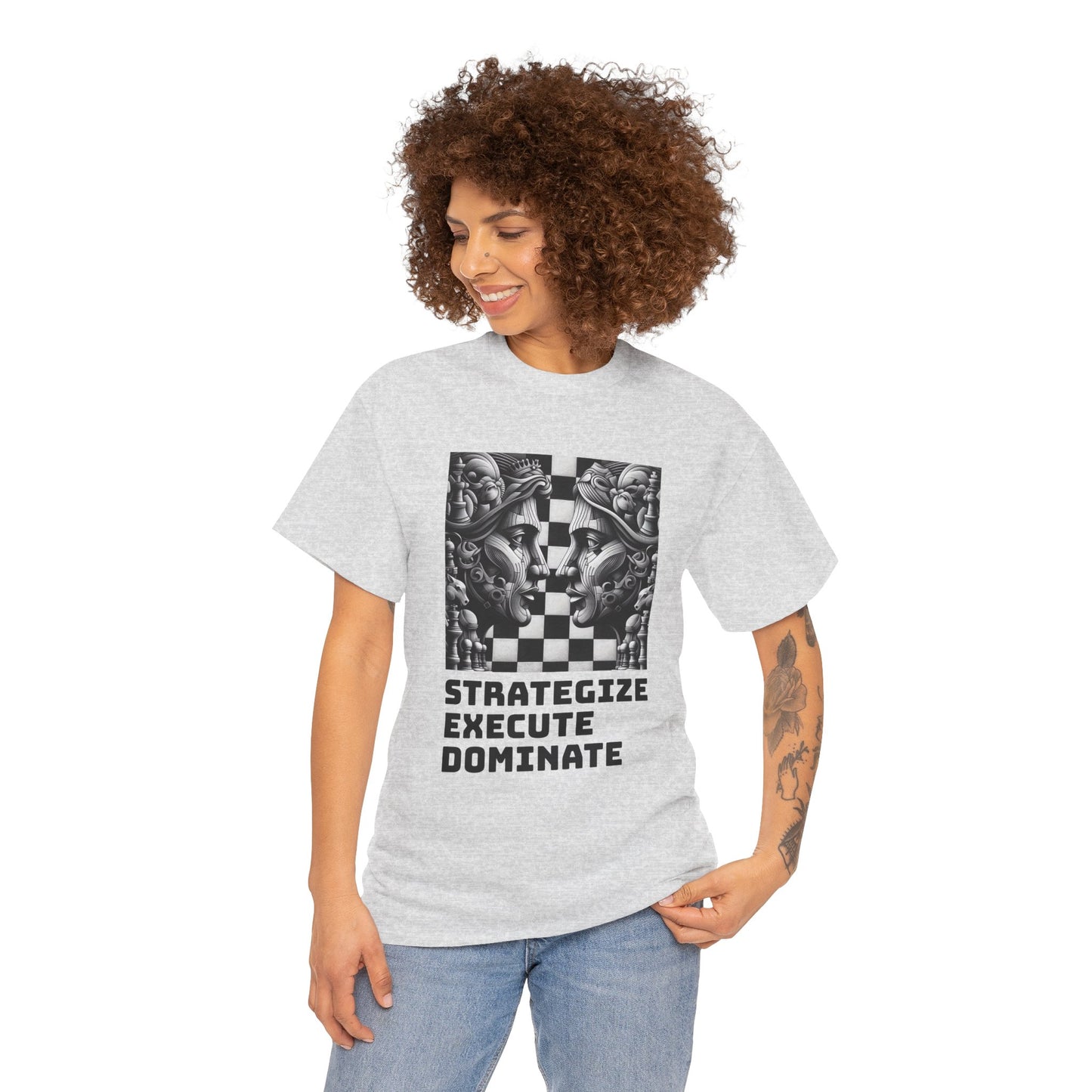 Women's T-Shirt | Strategize. Execute. Dominate. T-shirt | Bold | Chess themed | Women's Heavy Cotton Tee