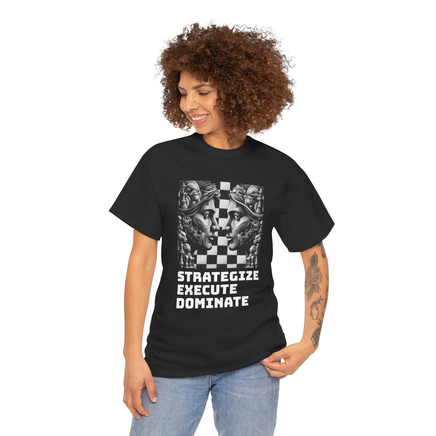 Women's T-Shirt | Strategize. Execute. Dominate. T-shirt | Bold | Chess themed | Women's Heavy Cotton Tee