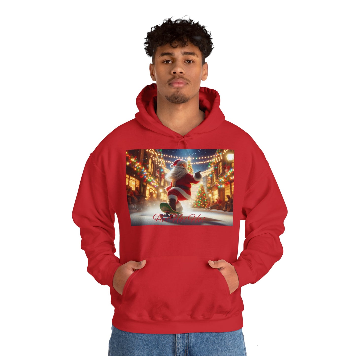 Men's Hooded Sweatshirt - Ho! Ho! Ho! | Santa on Skateboard Design 02