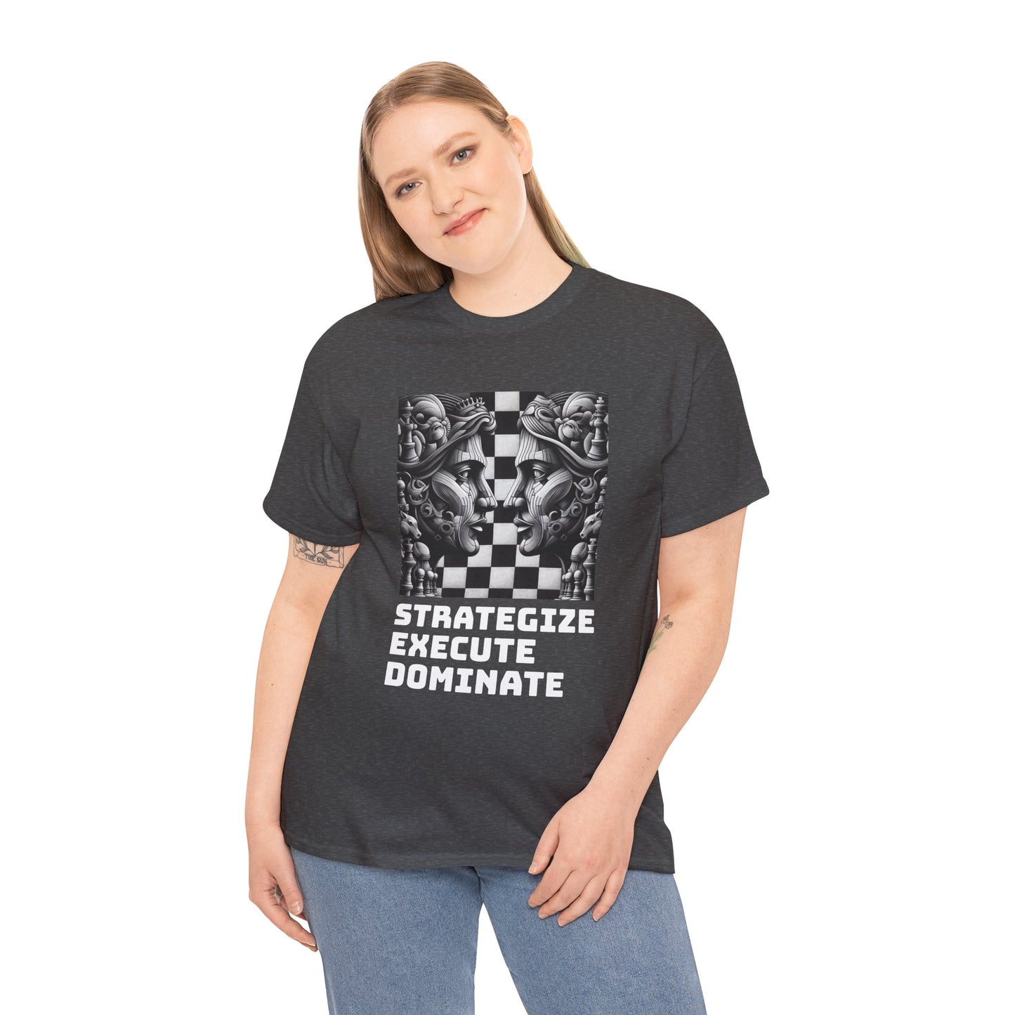 Women's T-Shirt | Strategize. Execute. Dominate. T-shirt | Bold | Chess themed | Women's Heavy Cotton Tee