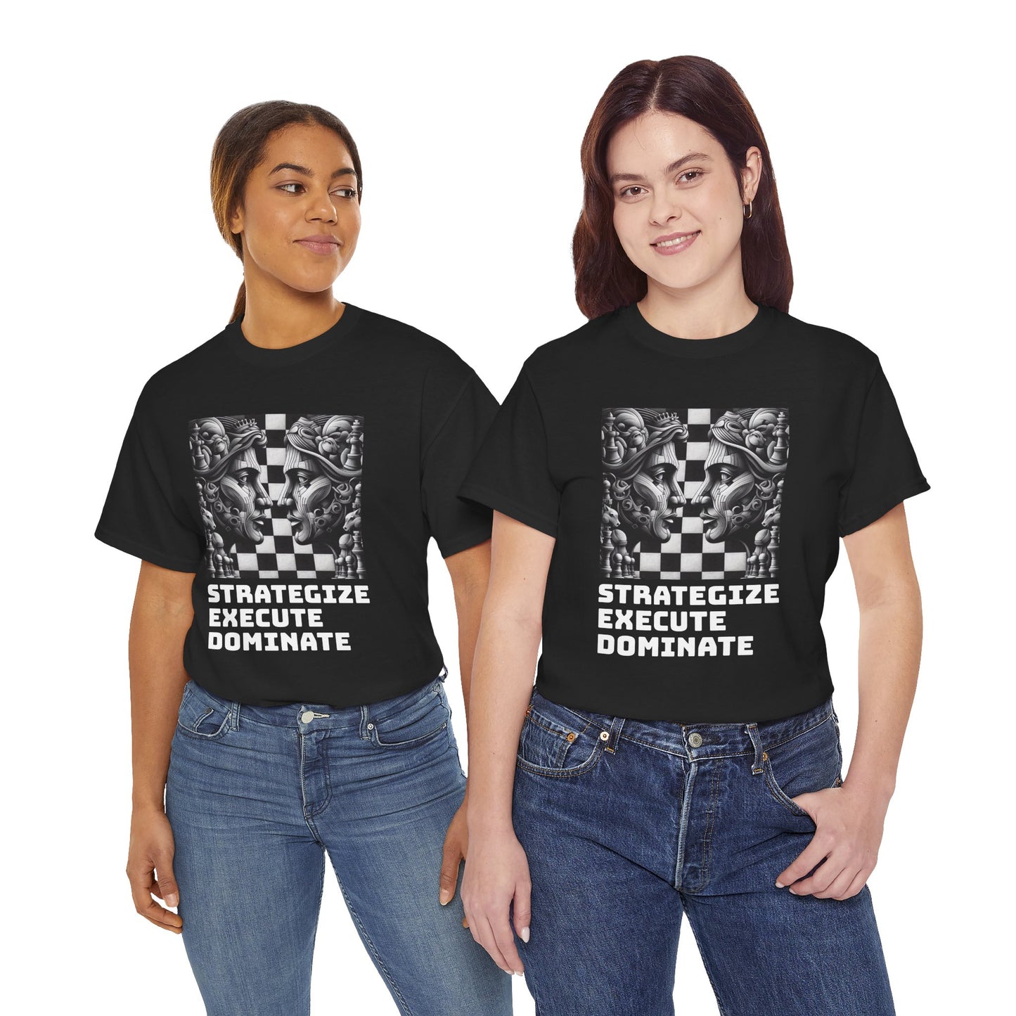 Women's T-Shirt | Strategize. Execute. Dominate. T-shirt | Bold | Chess themed | Women's Heavy Cotton Tee