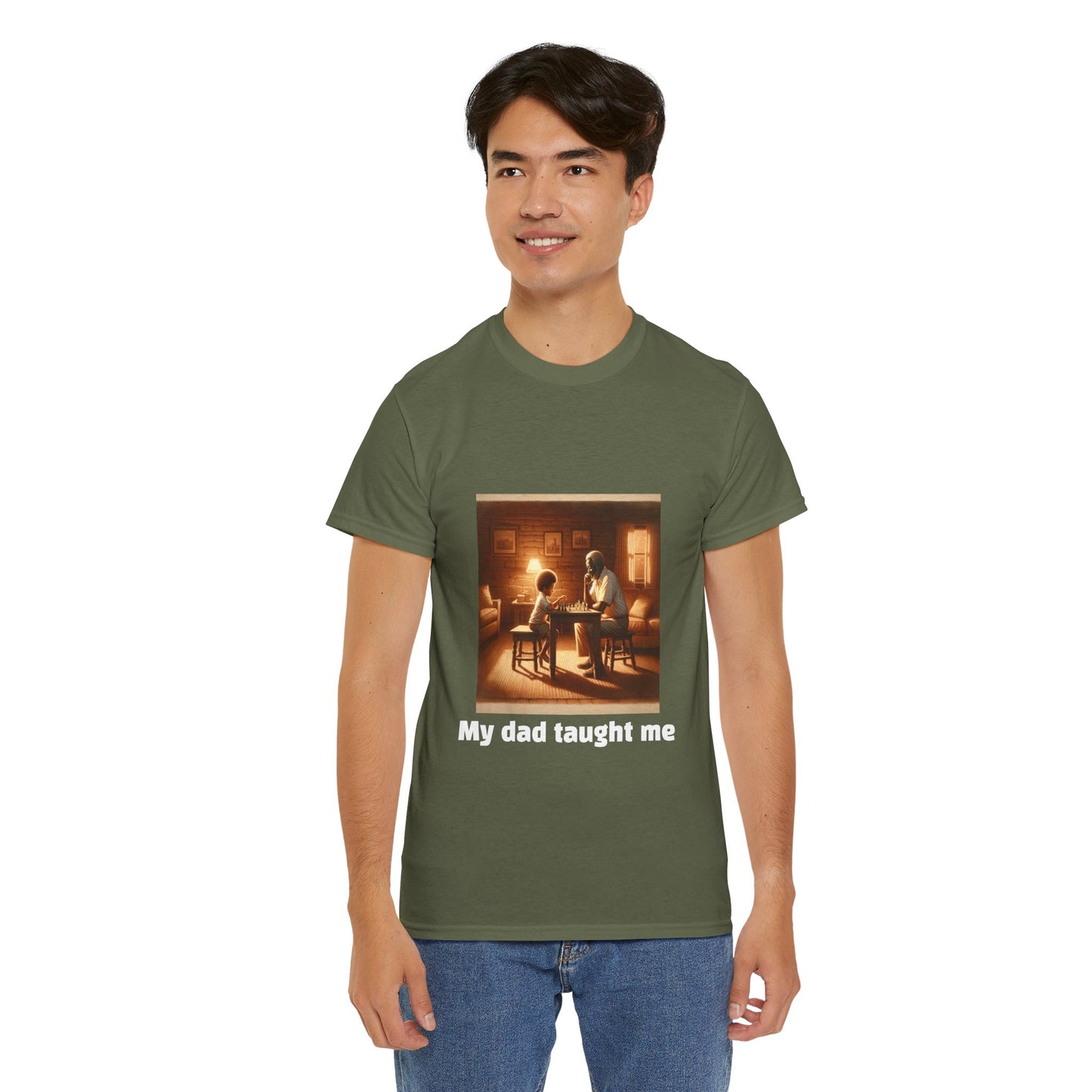 Men's T-Shirt | My dad taught me! | Touching & Loving | Chess Themed | Men's Heavy Cotton Tee