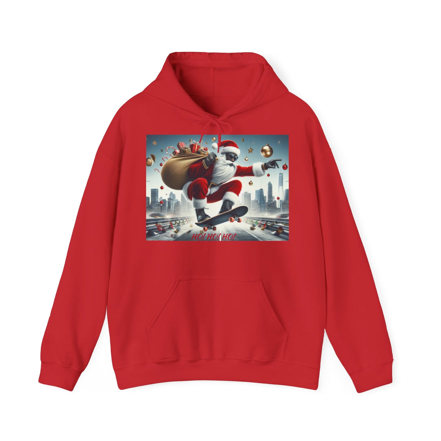 Men's Hooded Sweatshirt - Ho! Ho! Ho! | Santa on Skateboard Design 01