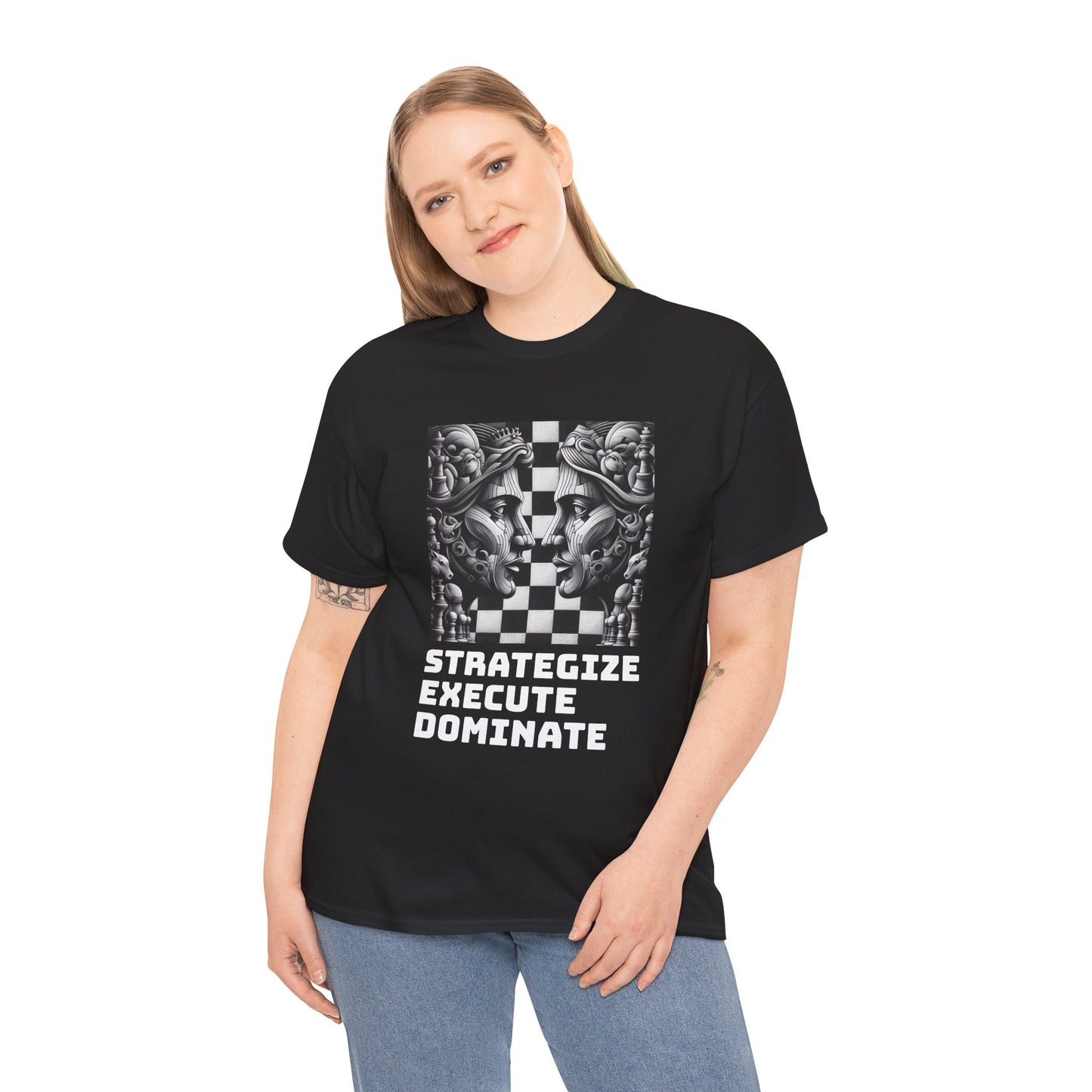 Women's T-Shirt | Strategize. Execute. Dominate. T-shirt | Bold | Chess themed | Women's Heavy Cotton Tee