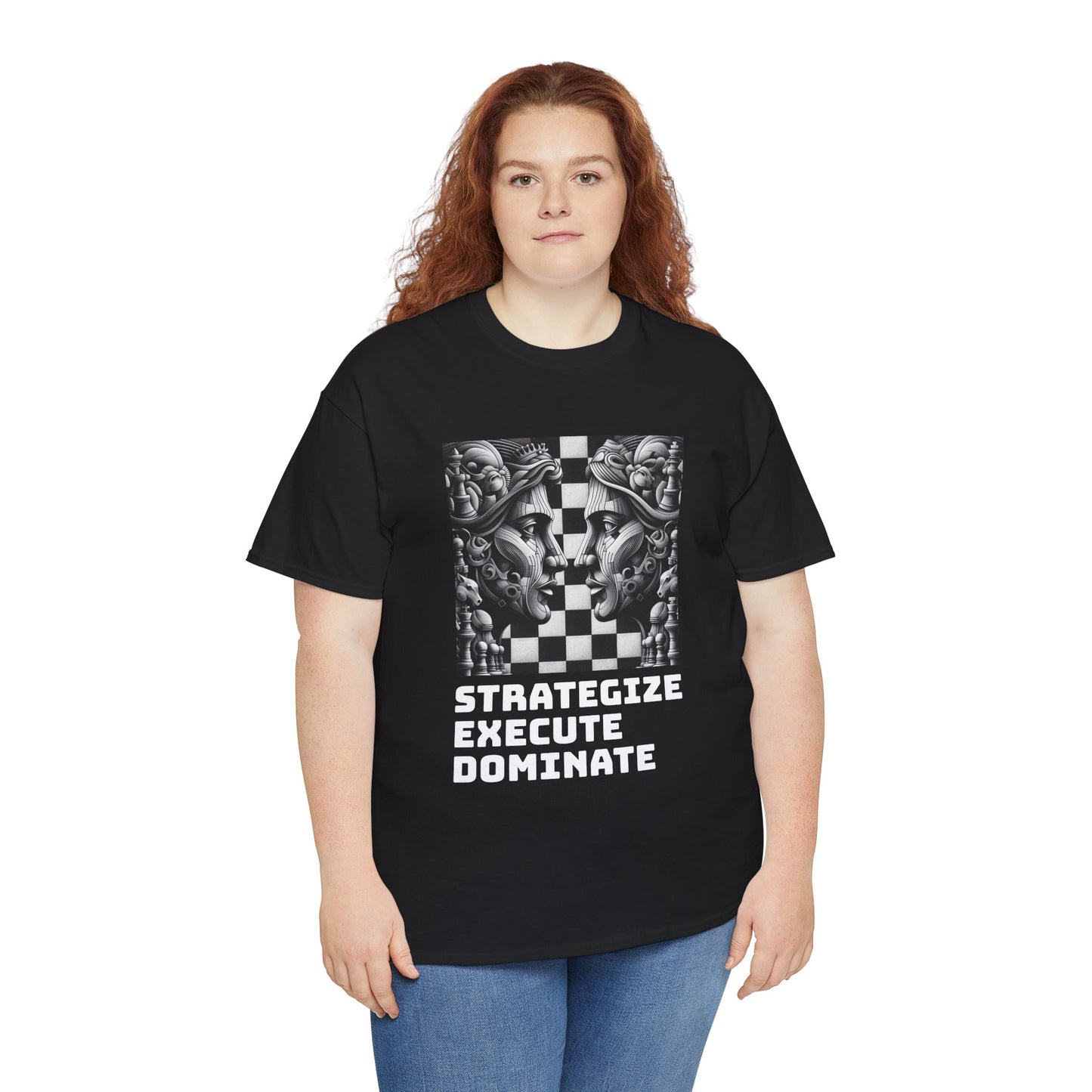 Women's T-Shirt | Strategize. Execute. Dominate. T-shirt | Bold | Chess themed | Women's Heavy Cotton Tee