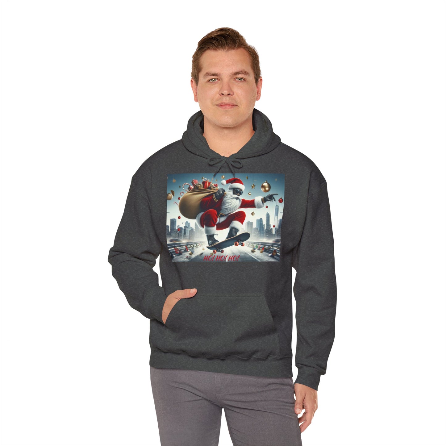 Men's Hooded Sweatshirt - Ho! Ho! Ho! | Santa on Skateboard Design 01