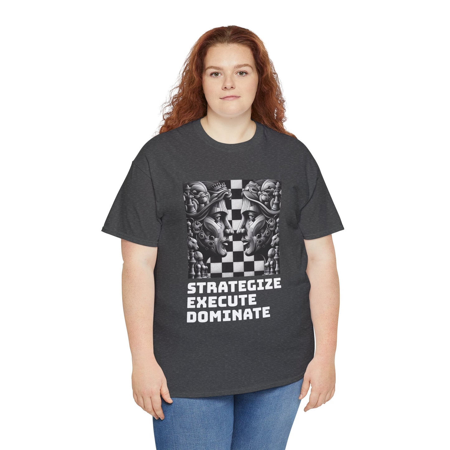 Women's T-Shirt | Strategize. Execute. Dominate. T-shirt | Bold | Chess themed | Women's Heavy Cotton Tee