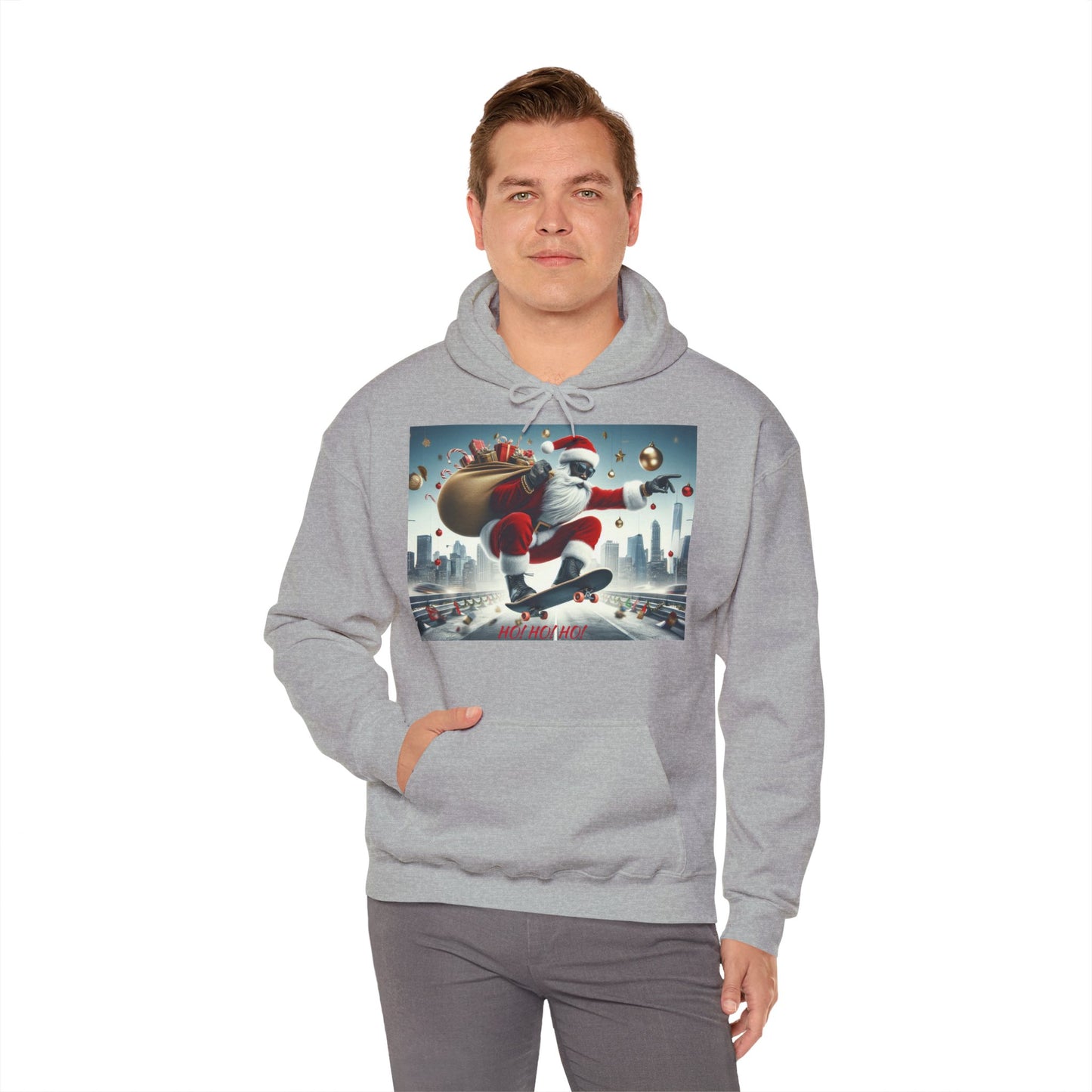 Men's Hooded Sweatshirt - Ho! Ho! Ho! | Santa on Skateboard Design 01