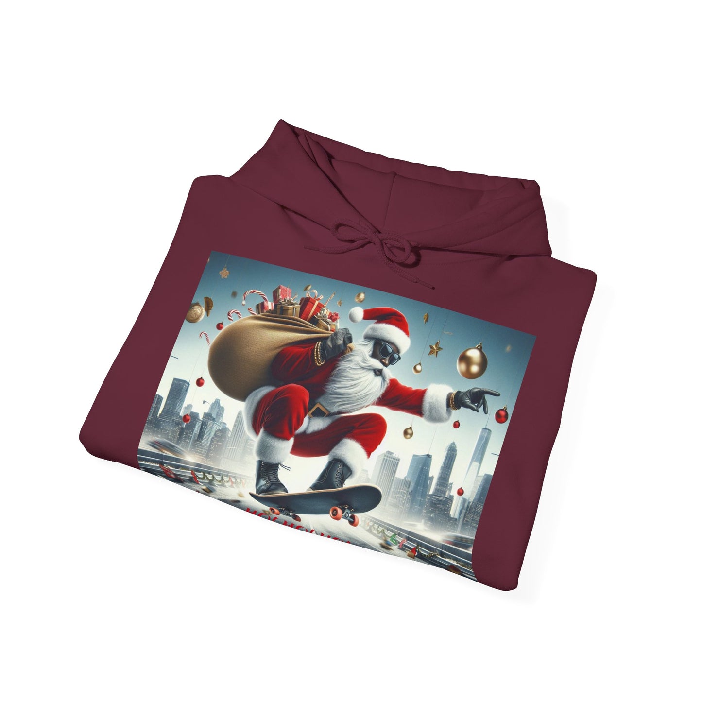 Men's Hooded Sweatshirt - Ho! Ho! Ho! | Santa on Skateboard Design 01