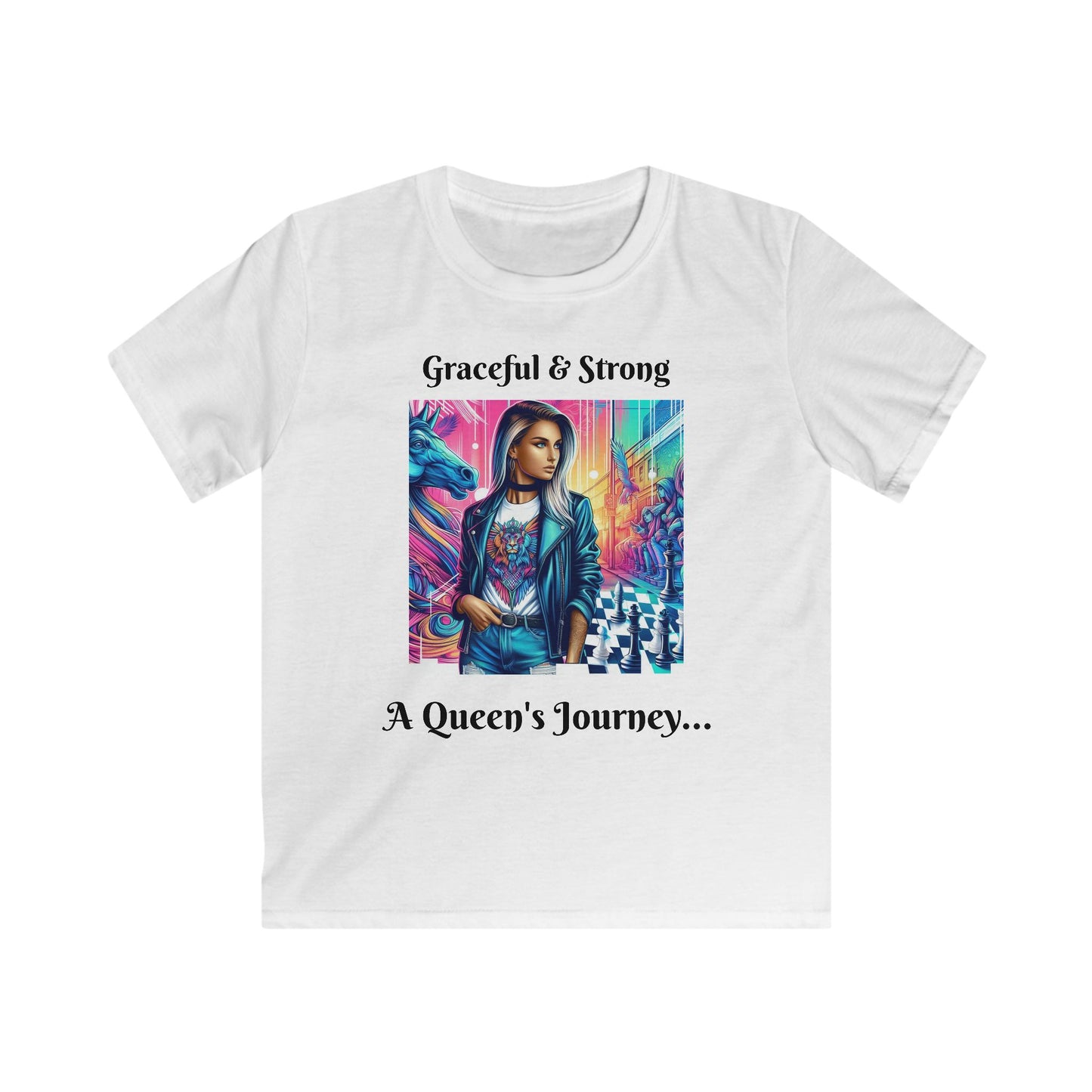 Girls' T-Shirt | Graceful & Strong. A Queen's Journey | Bold & Stylish | Chess themed | Girls' Softstyle Tee