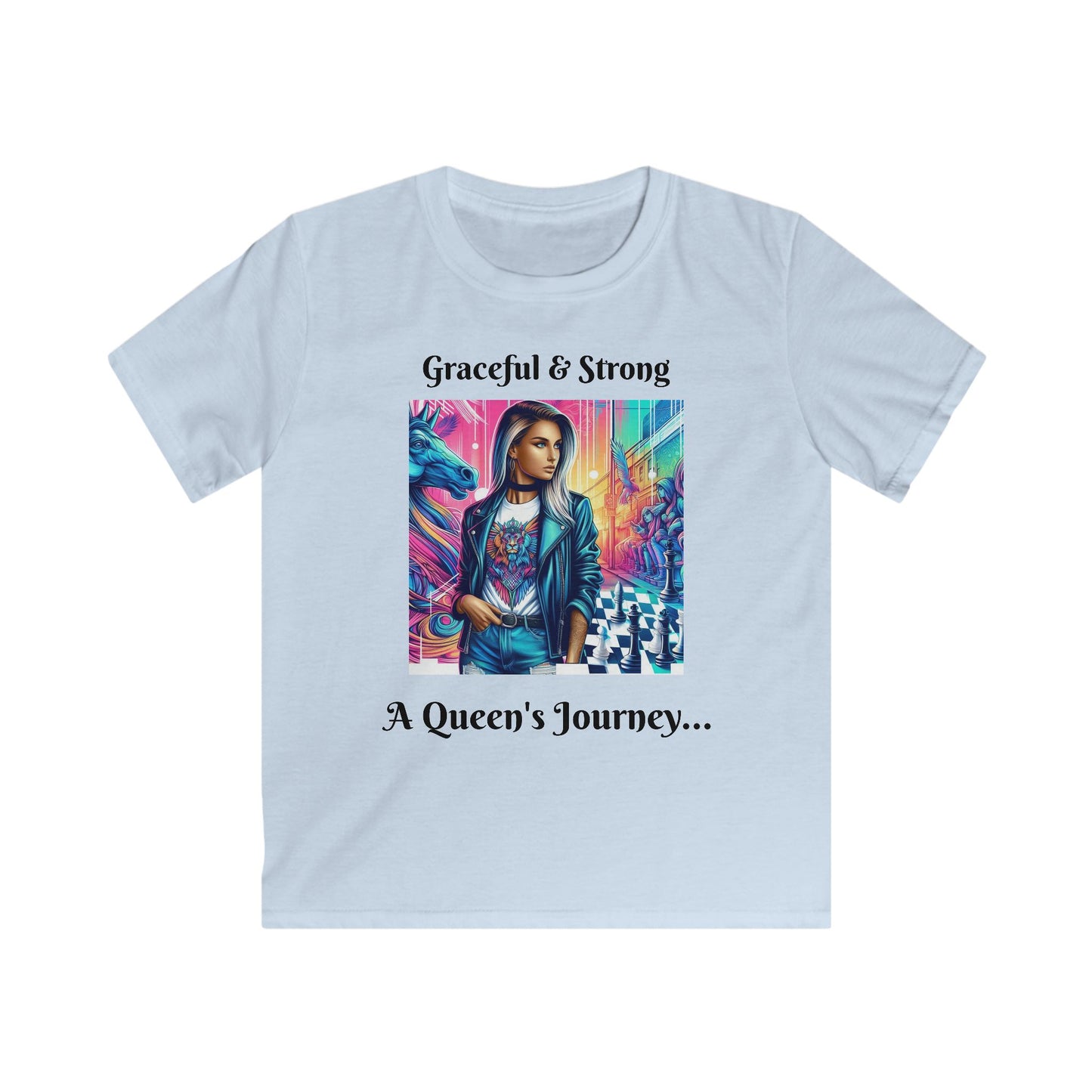 Girls' T-Shirt | Graceful & Strong. A Queen's Journey | Bold & Stylish | Chess themed | Girls' Softstyle Tee