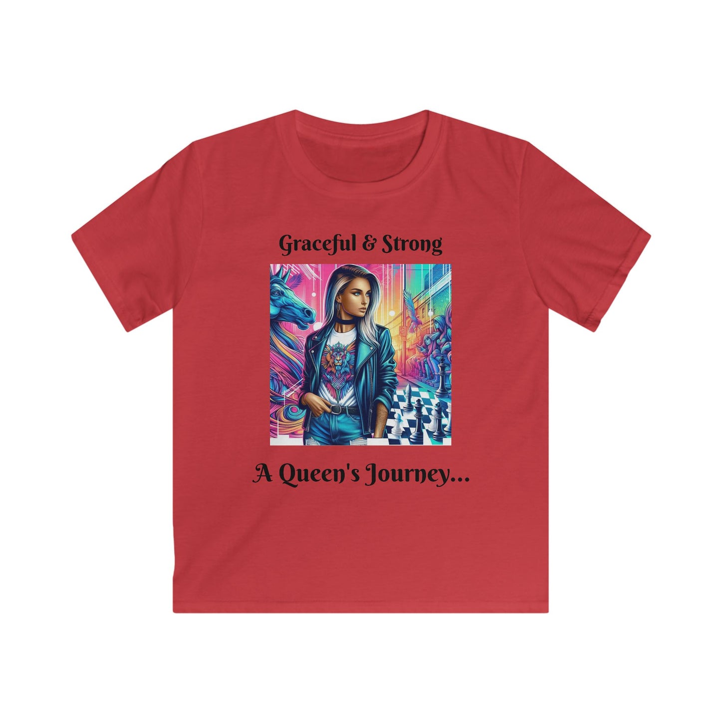 Girls' T-Shirt | Graceful & Strong. A Queen's Journey | Bold & Stylish | Chess themed | Girls' Softstyle Tee