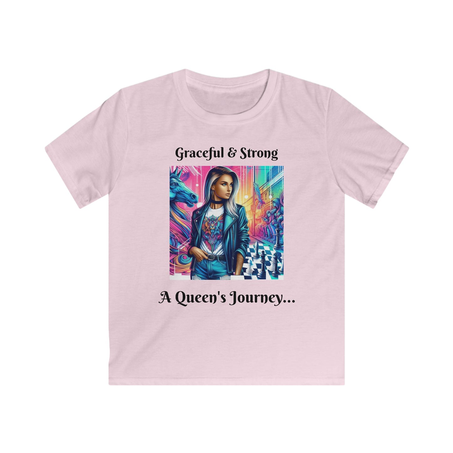 Girls' T-Shirt | Graceful & Strong. A Queen's Journey | Bold & Stylish | Chess themed | Girls' Softstyle Tee