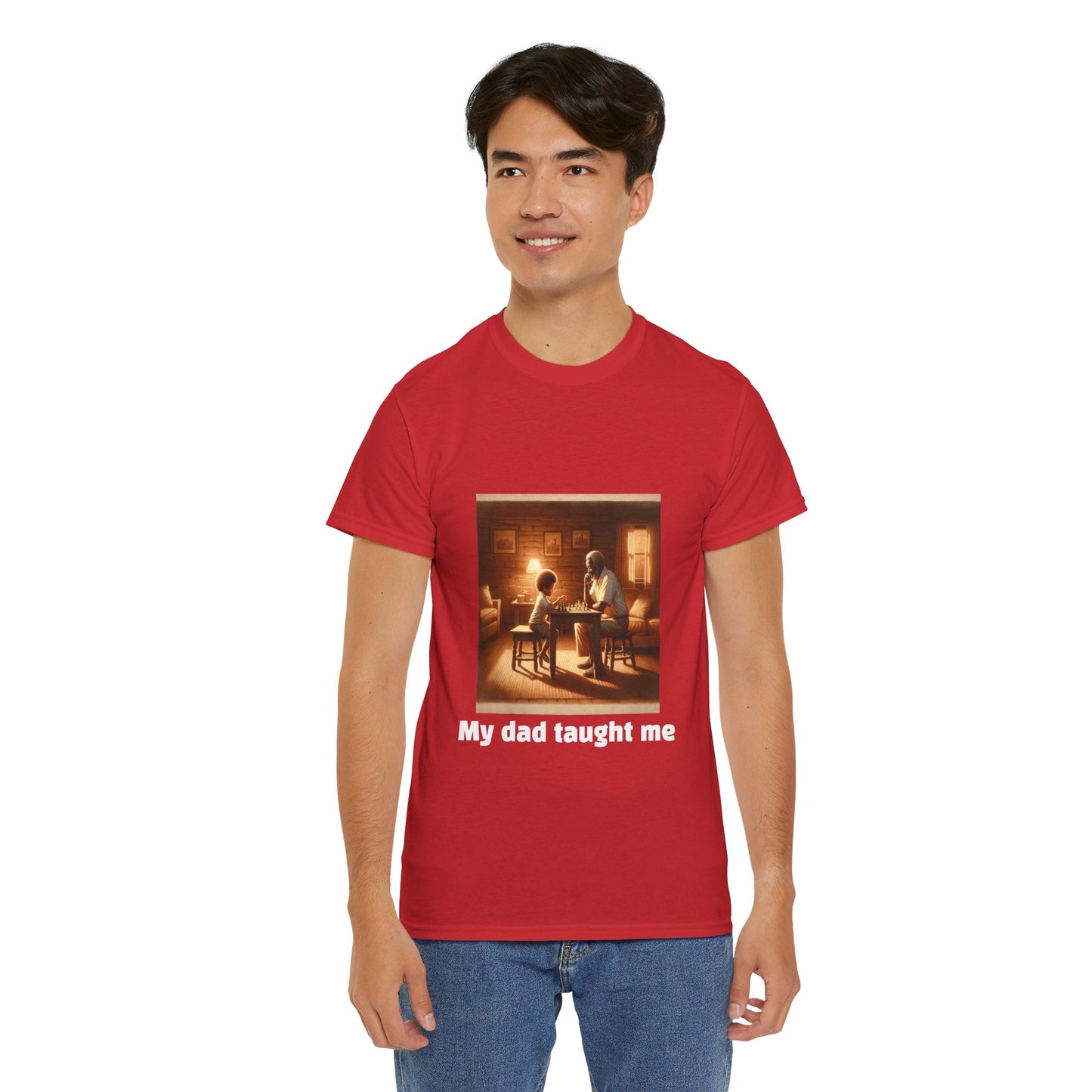 Men's T-Shirt | My dad taught me! | Touching & Loving | Chess Themed | Men's Heavy Cotton Tee
