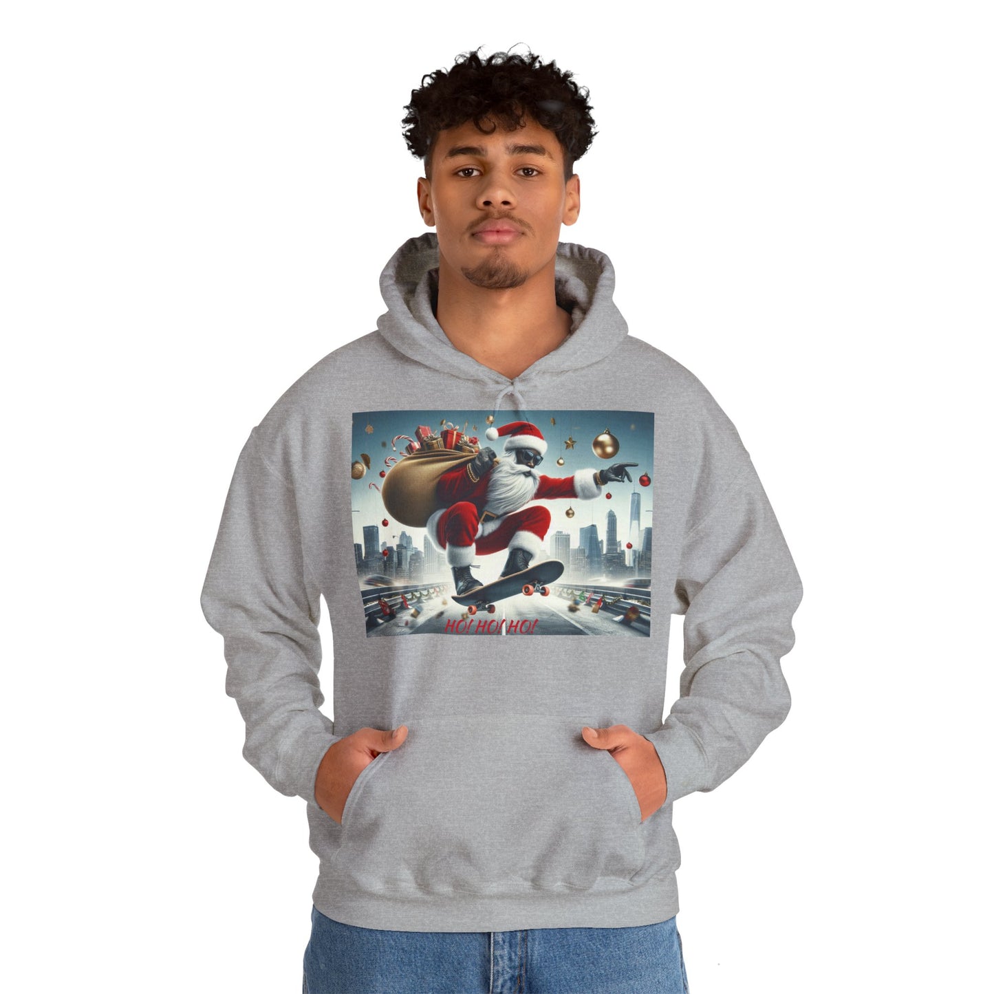 Men's Hooded Sweatshirt - Ho! Ho! Ho! | Santa on Skateboard Design 01