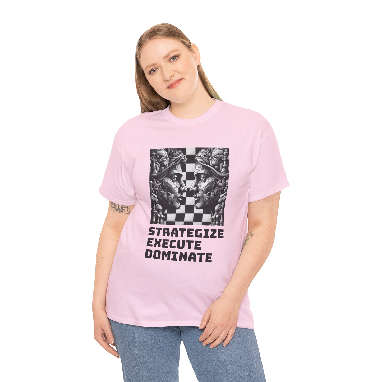 Women's T-Shirt | Strategize. Execute. Dominate. T-shirt | Bold | Chess themed | Women's Heavy Cotton Tee