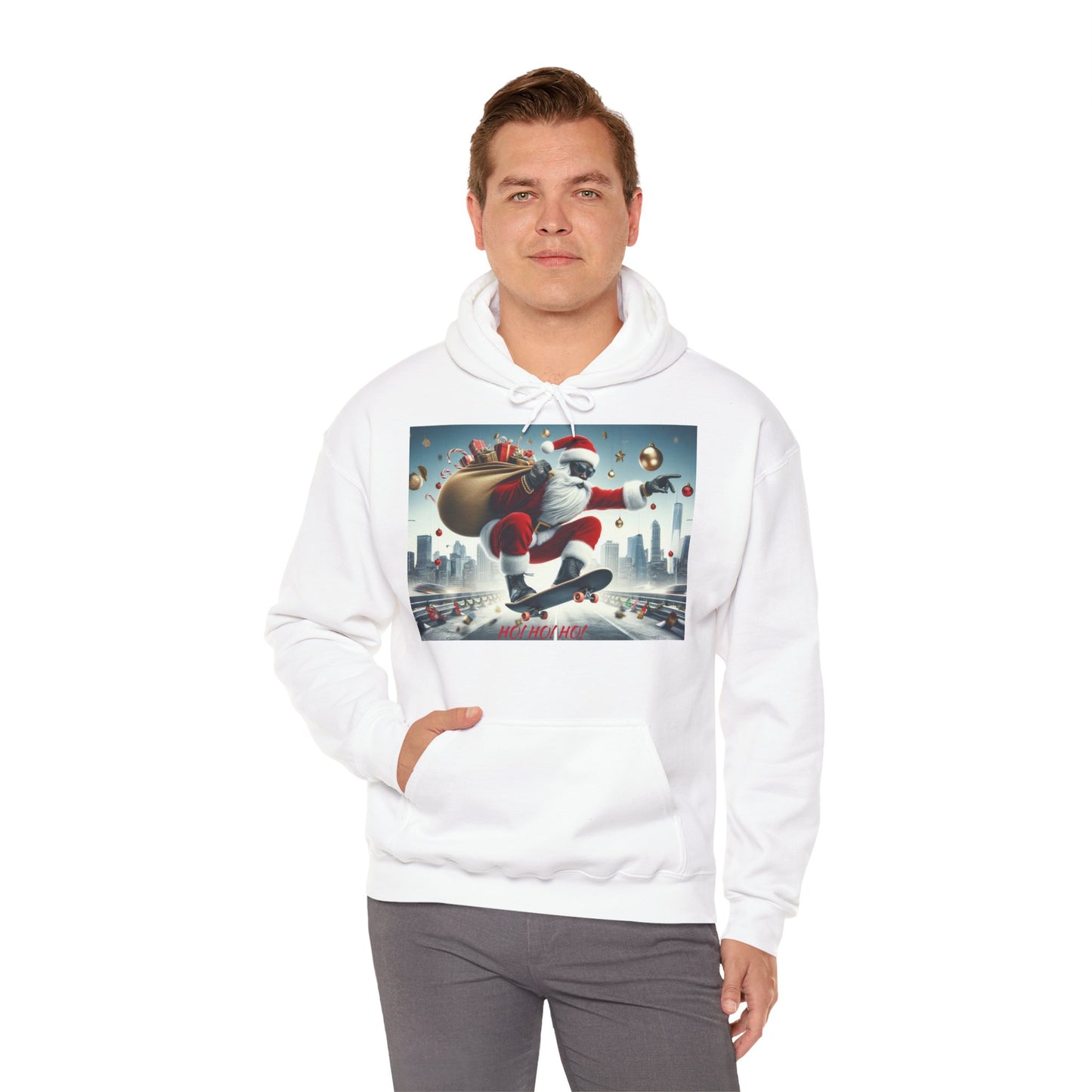 Men's Hooded Sweatshirt - Ho! Ho! Ho! | Santa on Skateboard Design 01
