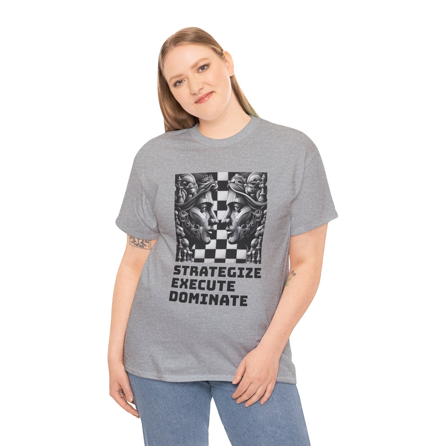 Women's T-Shirt | Strategize. Execute. Dominate. T-shirt | Bold | Chess themed | Women's Heavy Cotton Tee