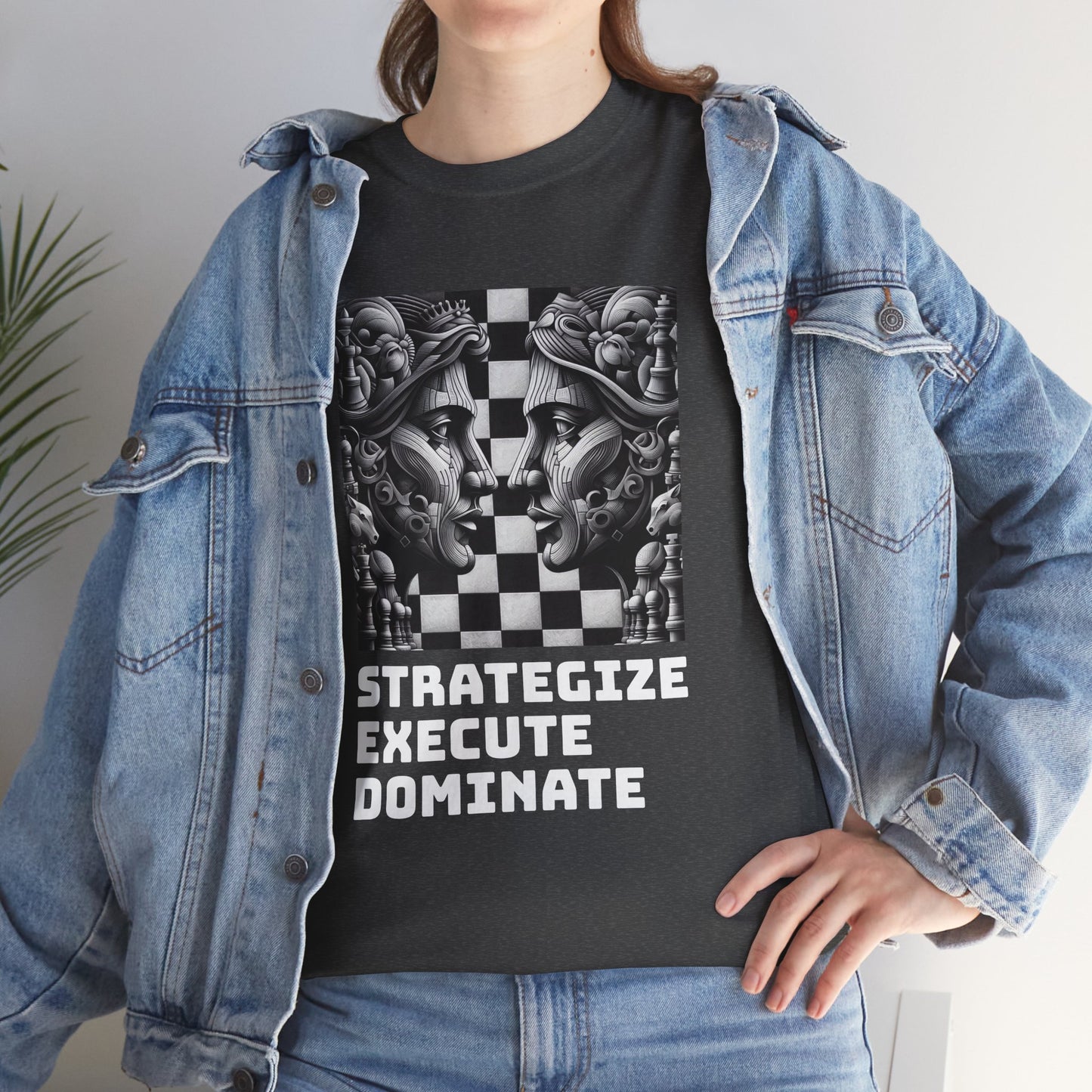 Women's T-Shirt | Strategize. Execute. Dominate. T-shirt | Bold | Chess themed | Women's Heavy Cotton Tee