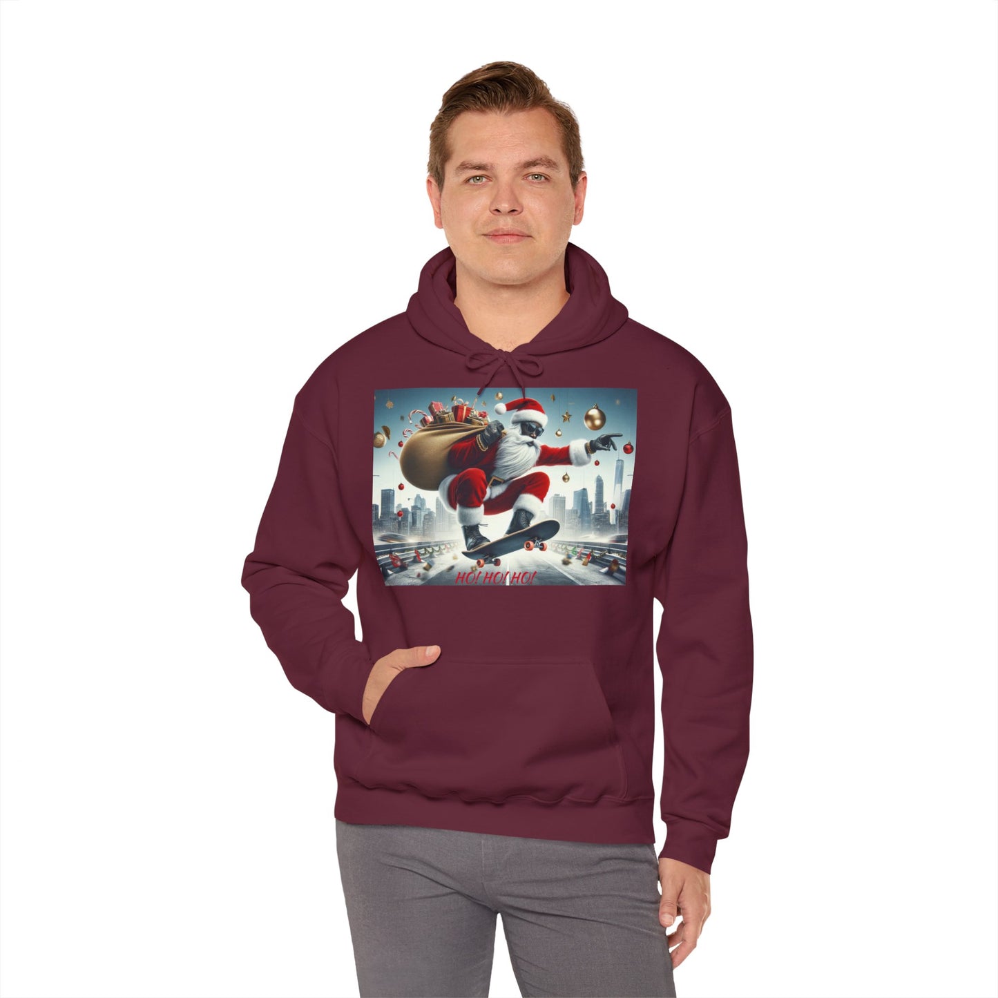 Men's Hooded Sweatshirt - Ho! Ho! Ho! | Santa on Skateboard Design 01