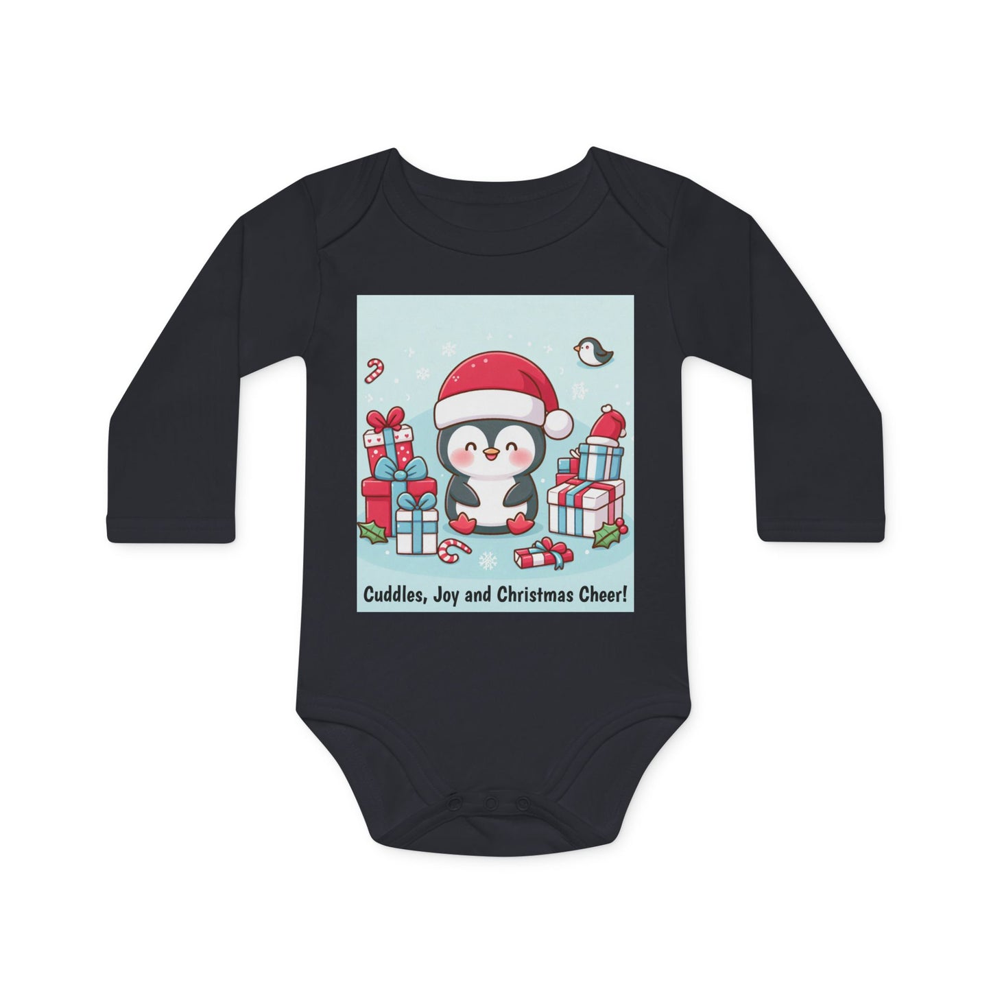 Baby Bodysuit with Baby Penguin and Christmas Presents - Cuddles, Joy, and Christmas Cheer - Organic Long-Sleeve