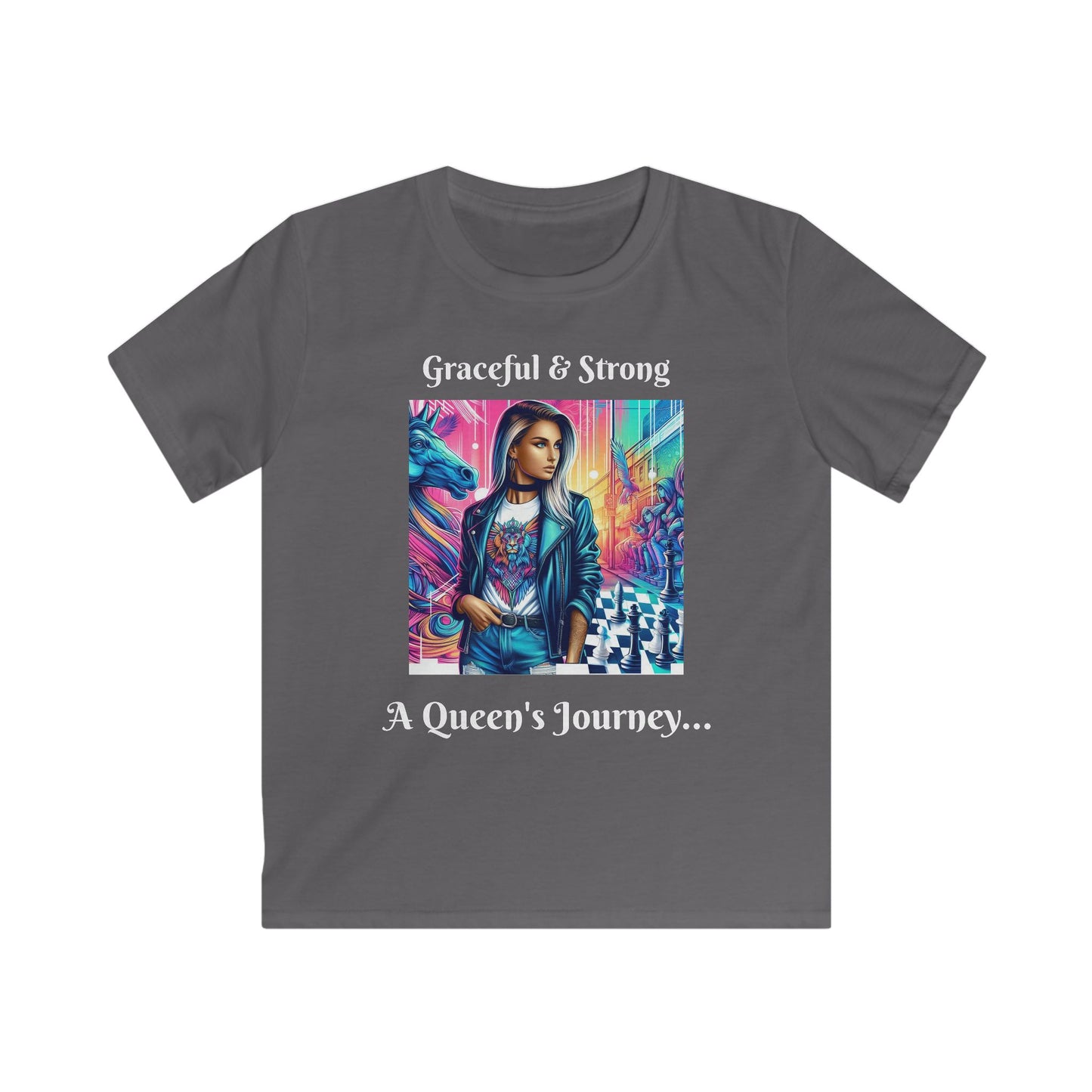 Girls' T-Shirt | Graceful & Strong. A Queen's Journey | Bold & Stylish | Chess themed | Girls' Softstyle Tee