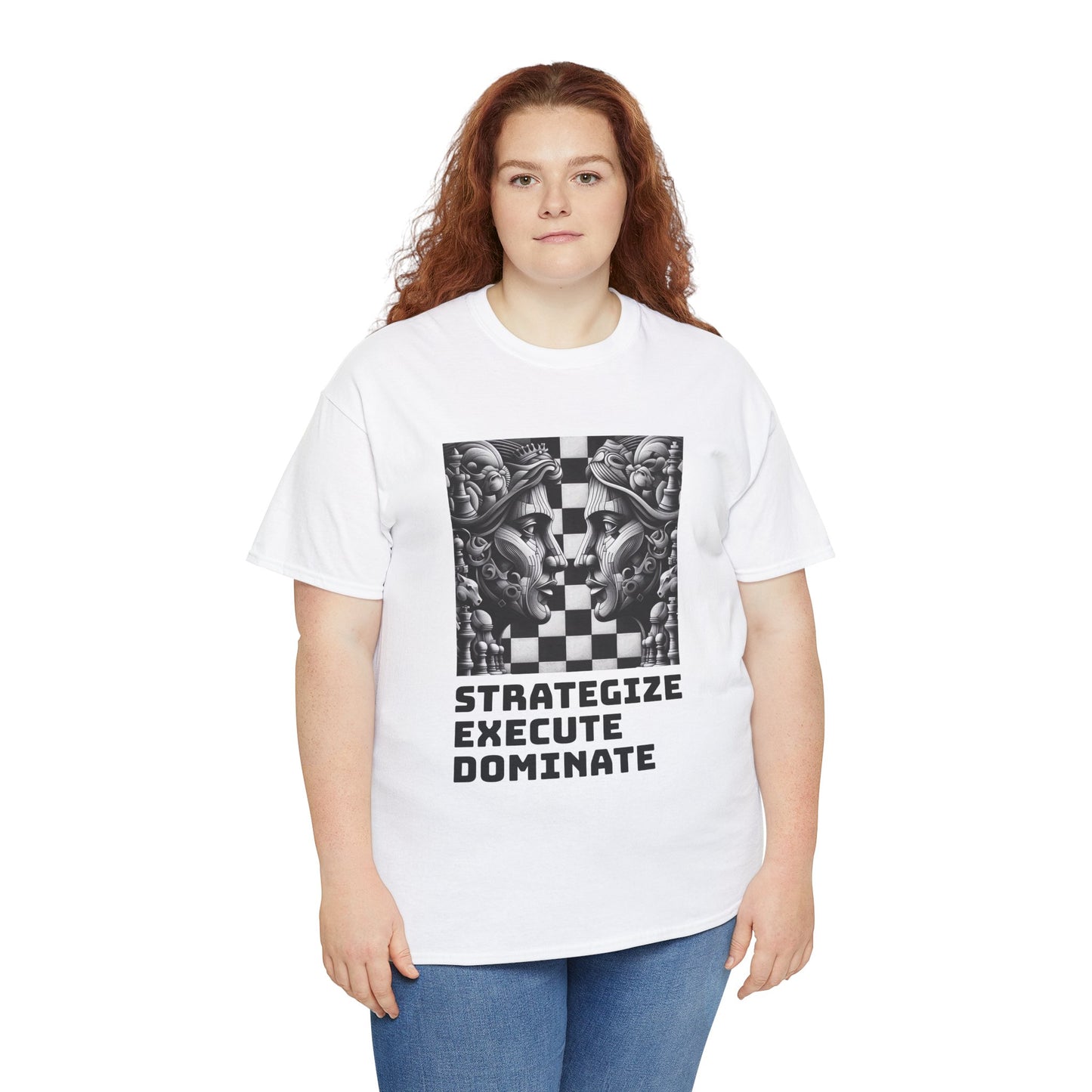 Women's T-Shirt | Strategize. Execute. Dominate. T-shirt | Bold | Chess themed | Women's Heavy Cotton Tee