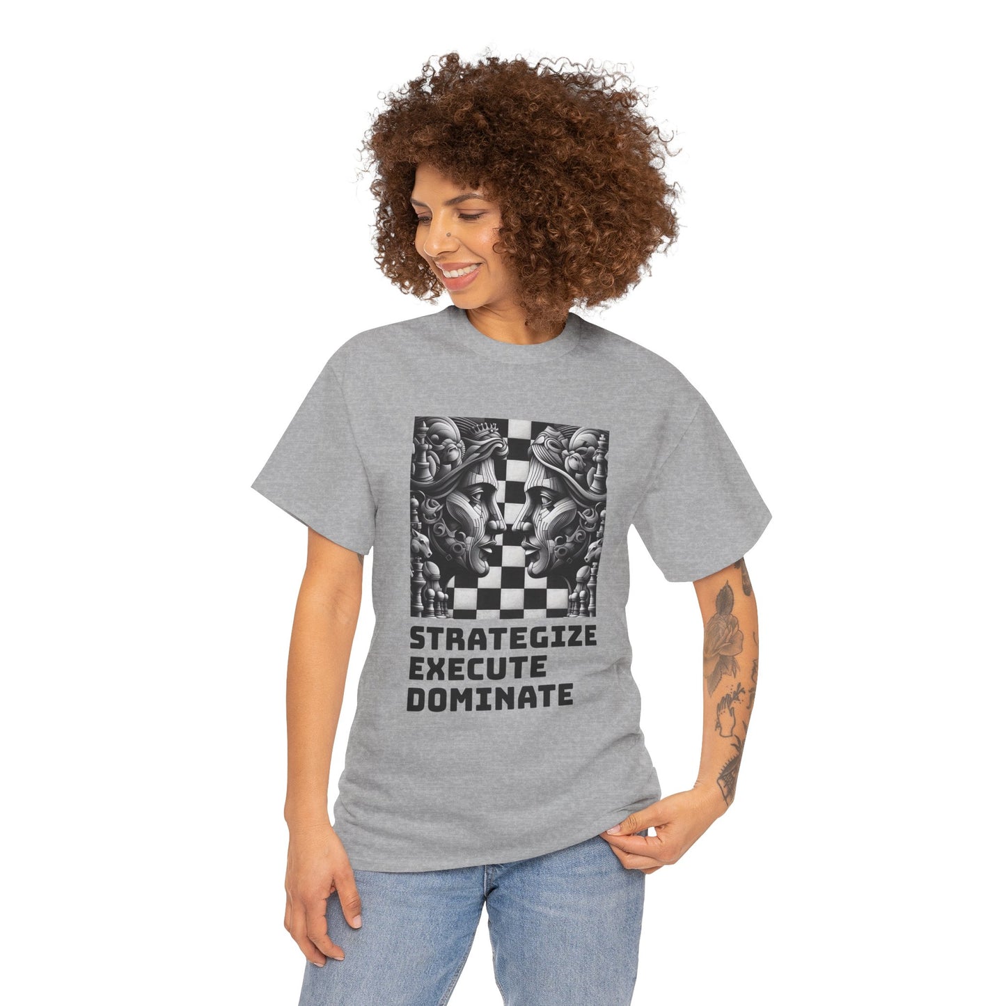 Women's T-Shirt | Strategize. Execute. Dominate. T-shirt | Bold | Chess themed | Women's Heavy Cotton Tee