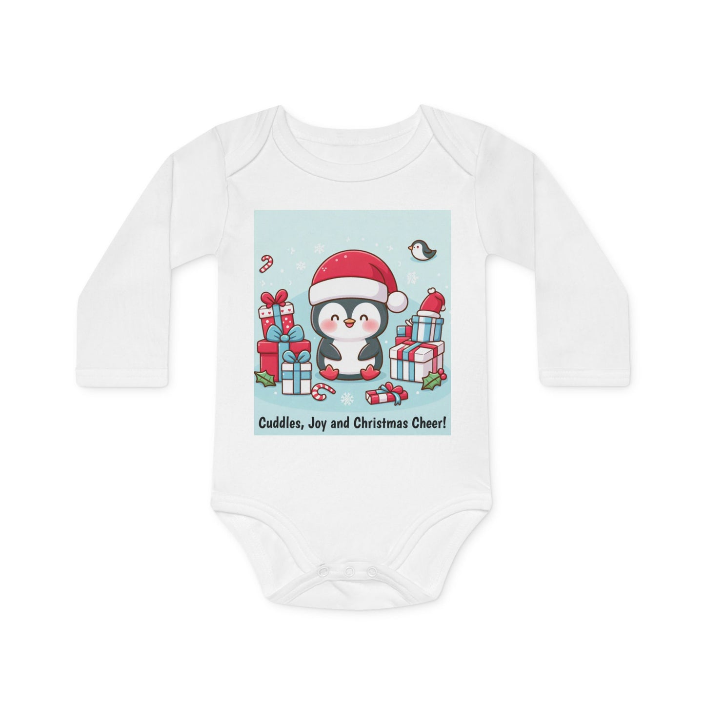 Baby Bodysuit with Baby Penguin and Christmas Presents - Cuddles, Joy, and Christmas Cheer - Organic Long-Sleeve