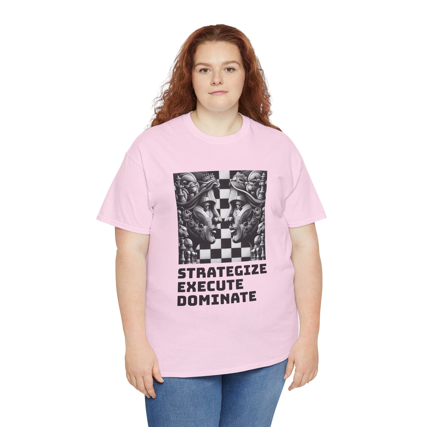 Women's T-Shirt | Strategize. Execute. Dominate. T-shirt | Bold | Chess themed | Women's Heavy Cotton Tee