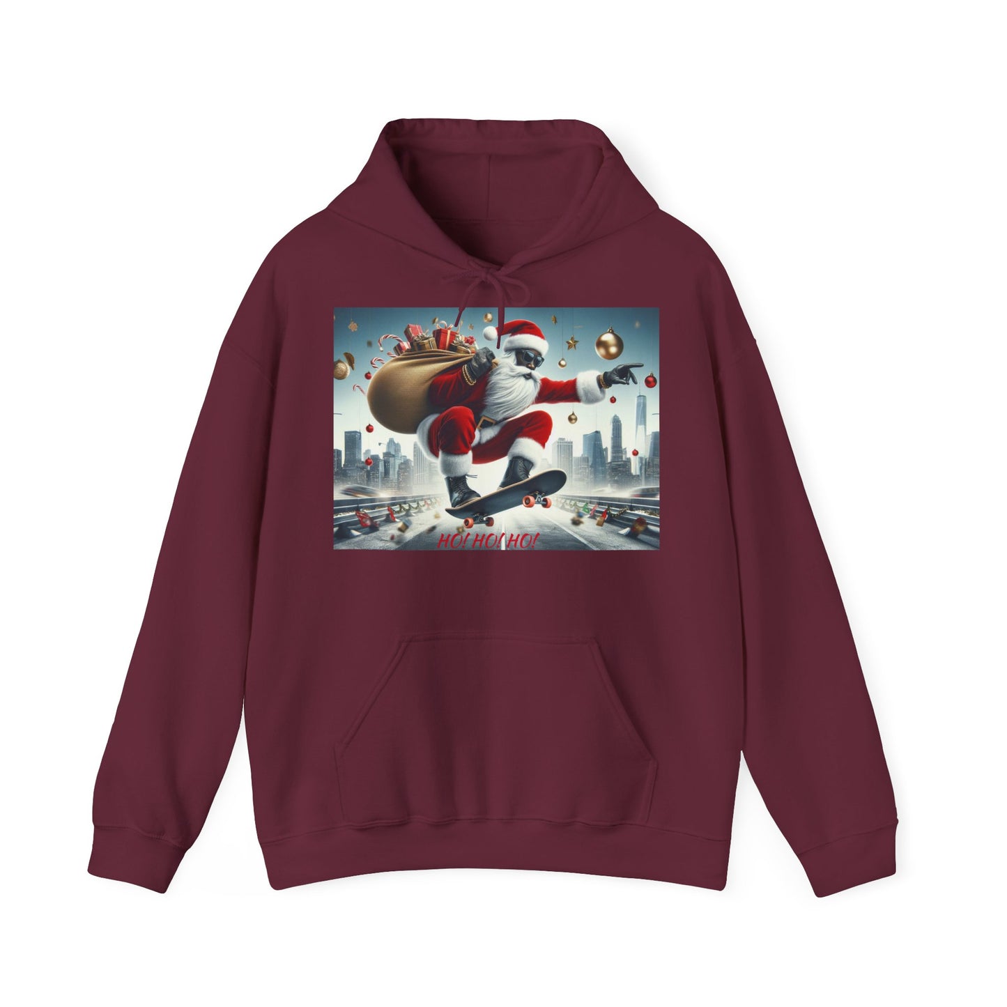 Men's Hooded Sweatshirt - Ho! Ho! Ho! | Santa on Skateboard Design 01