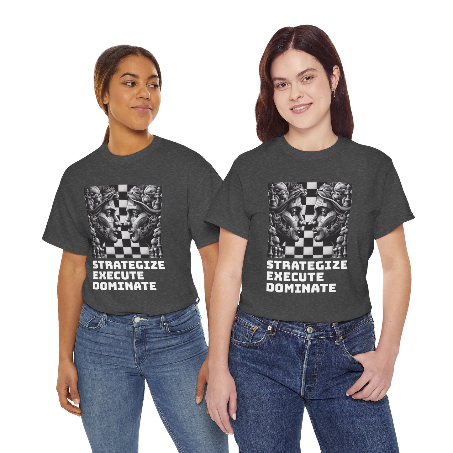 Women's T-Shirt | Strategize. Execute. Dominate. T-shirt | Bold | Chess themed | Women's Heavy Cotton Tee