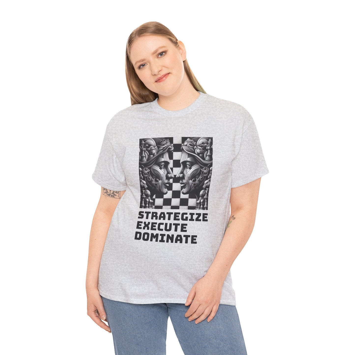 Women's T-Shirt | Strategize. Execute. Dominate. T-shirt | Bold | Chess themed | Women's Heavy Cotton Tee